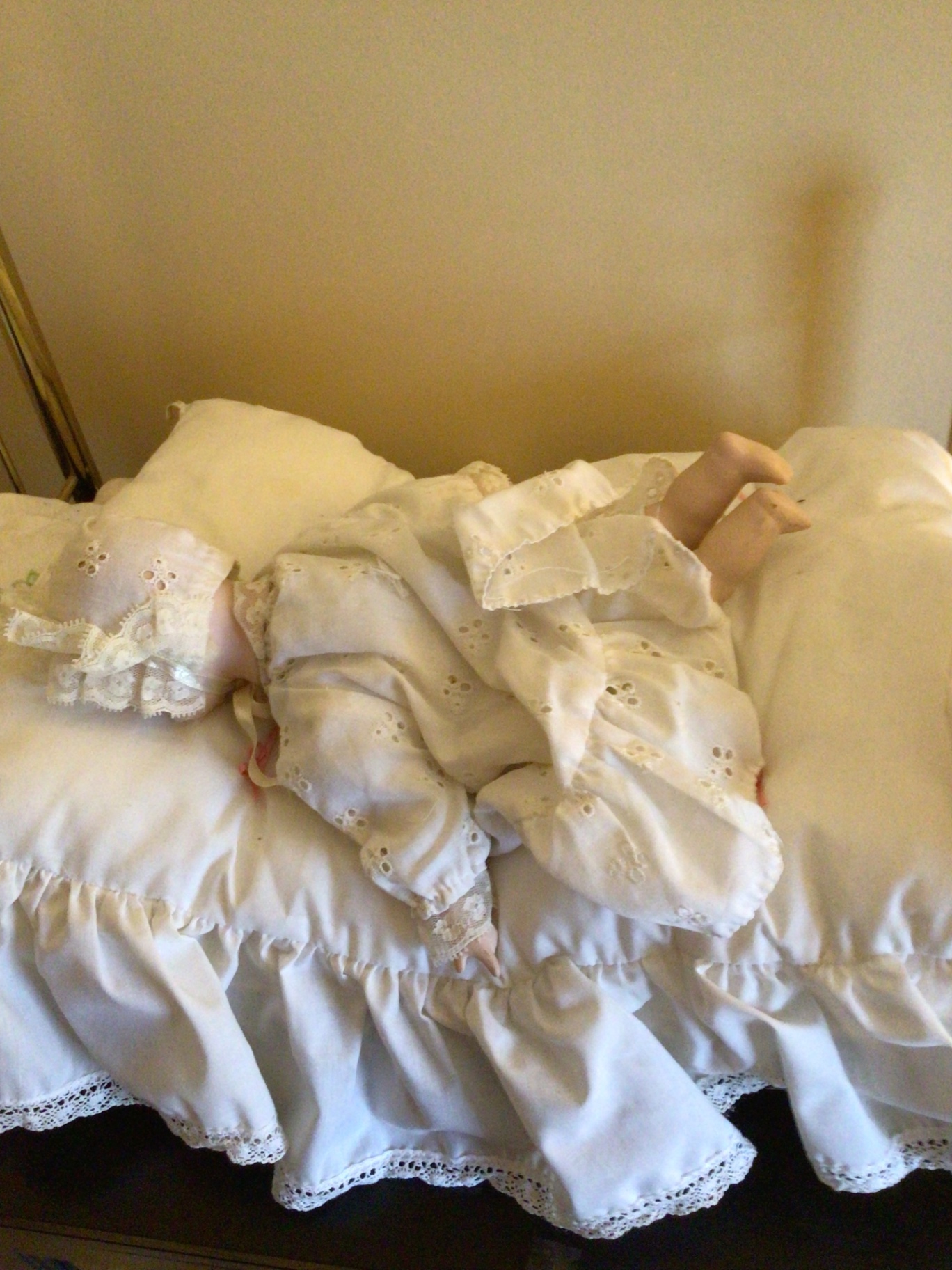 Miniature Brass Bed with Porcelain Doll in White Lace - image 2 of 3