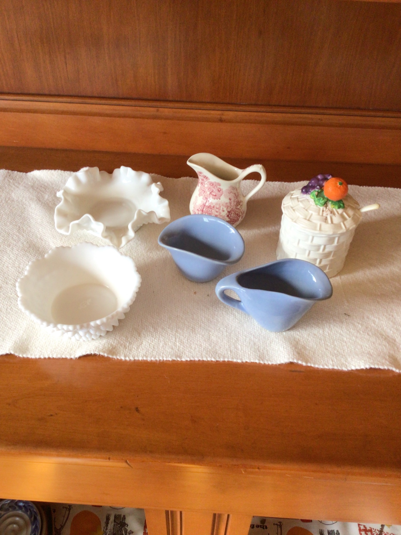 Assorted Kitchenware: milk glass, Rosemeade Bowls, Creamers, Pitchers and a Lidded Jar - image 1 of 3