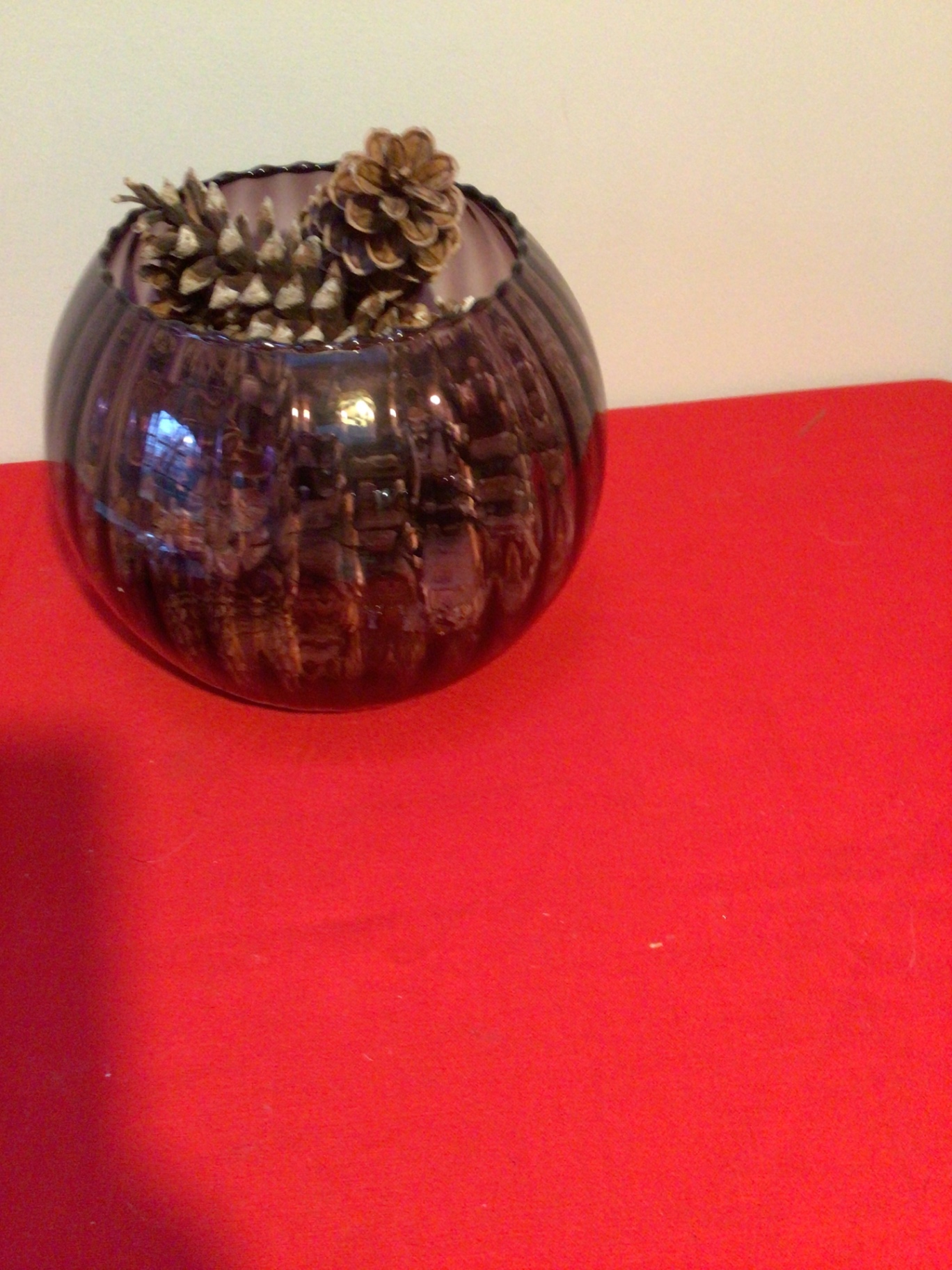 Vintage Purple ribbed glass vase with pine cones - image 1 of 2
