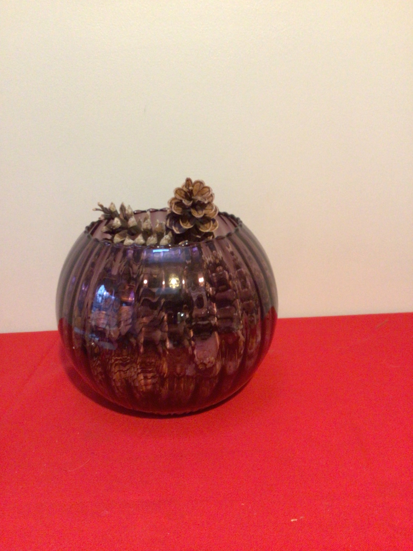 Vintage Purple ribbed glass vase with pine cones - image 2 of 2