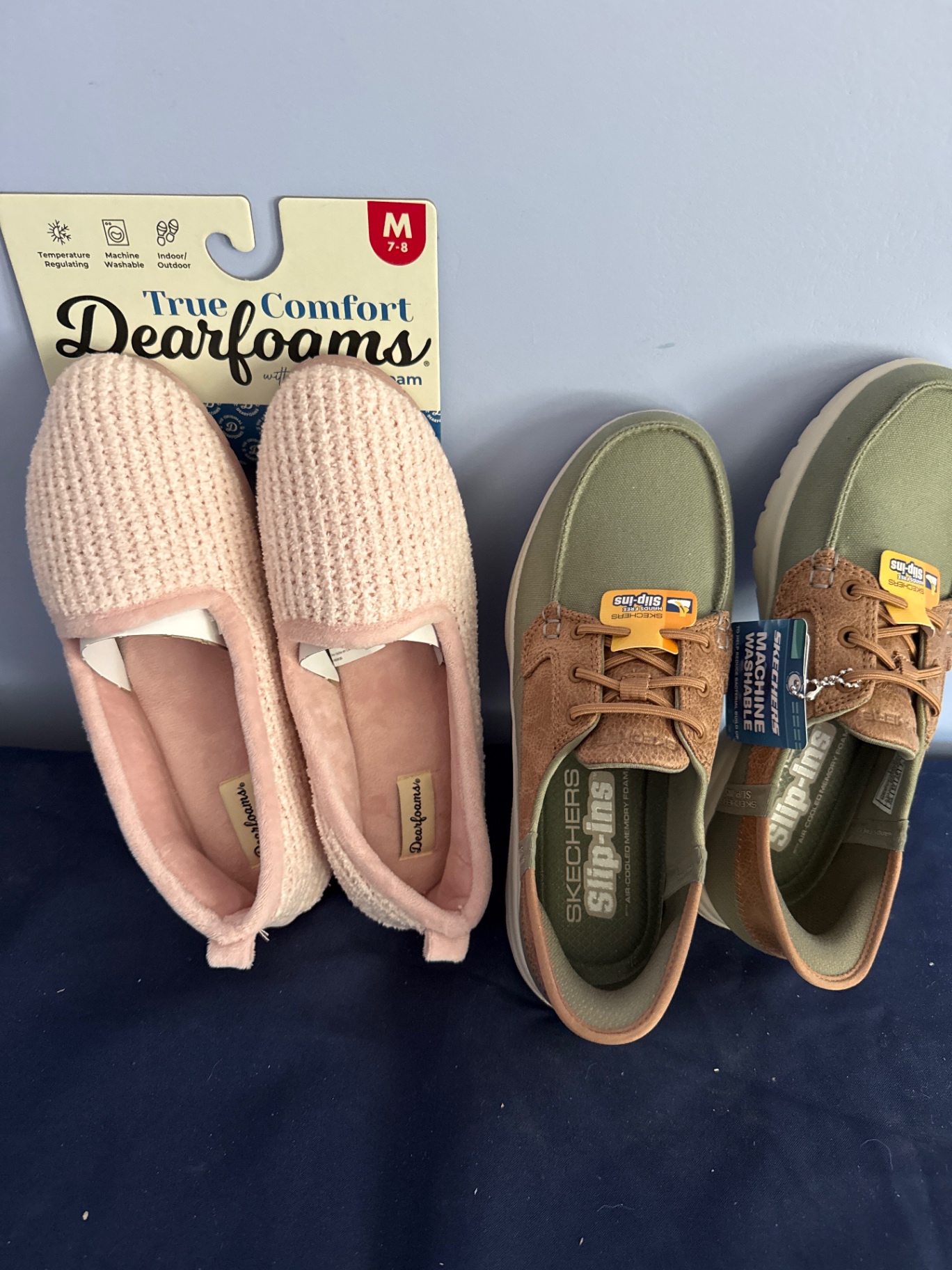 Pink knit Dearfoams slippers and brown Skechers Slip-Ins shoes - image 1 of 3