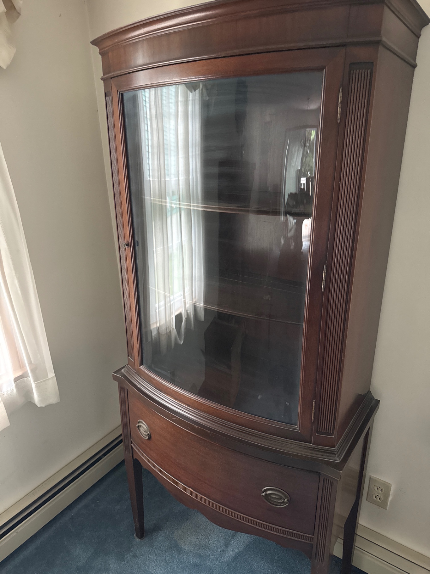 Dark wood corner display cabinet with glass doors and bottom drawer - image 1 of 3