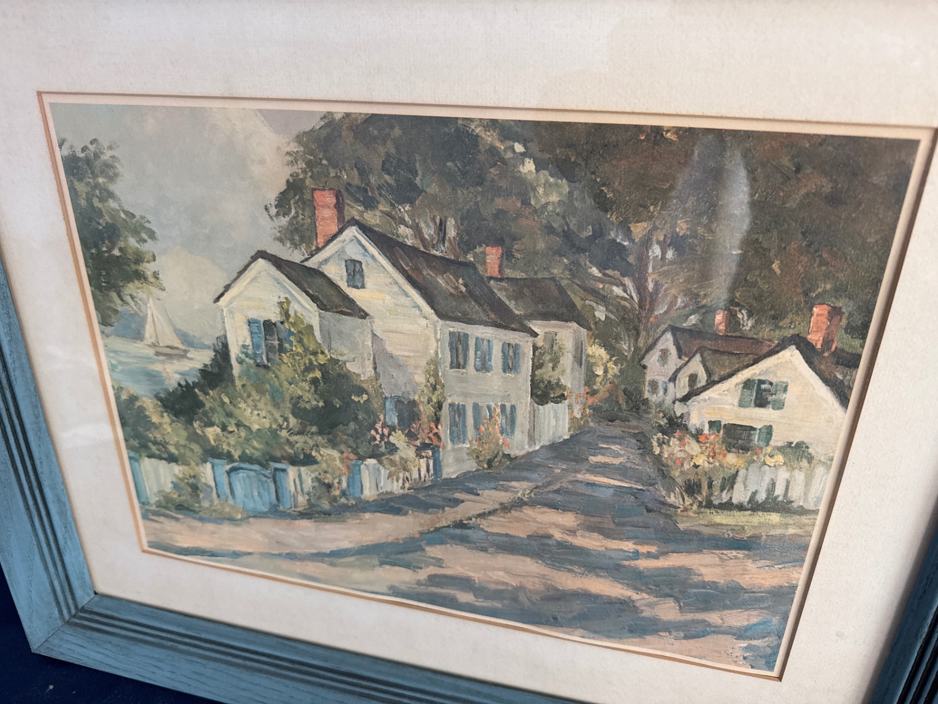 Framed watercolor coastal village scene - image 2 of 3