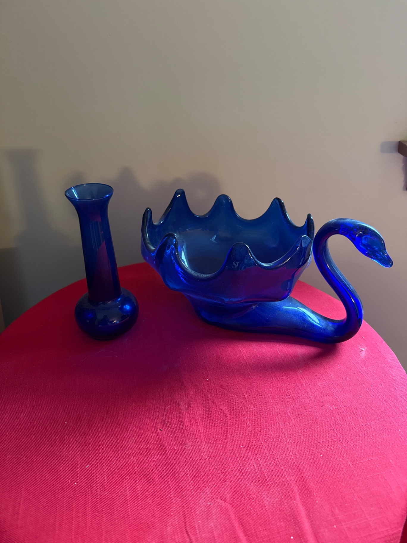 Blue glass swan bowl and tall vase - image 1 of 2