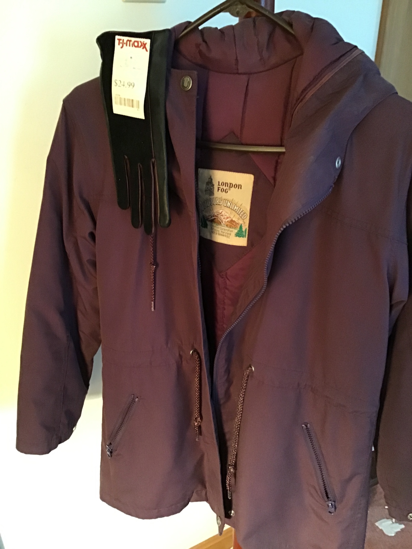 Women’s London Fog mid- weight hooded jacket size 5/6  and leather gloves - image 2 of 3