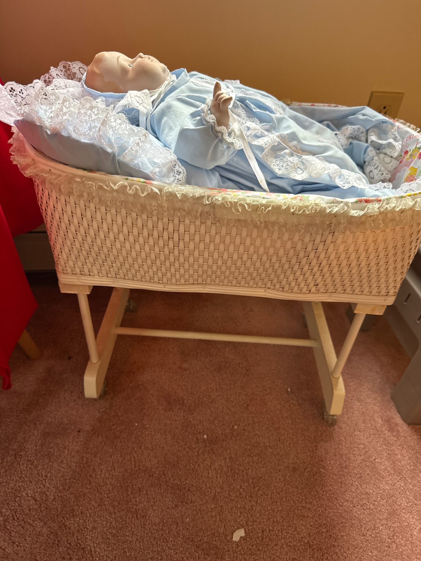 Porcelain baby doll in blue lace-trimmed gown in wicker cradle - image 3 of 6