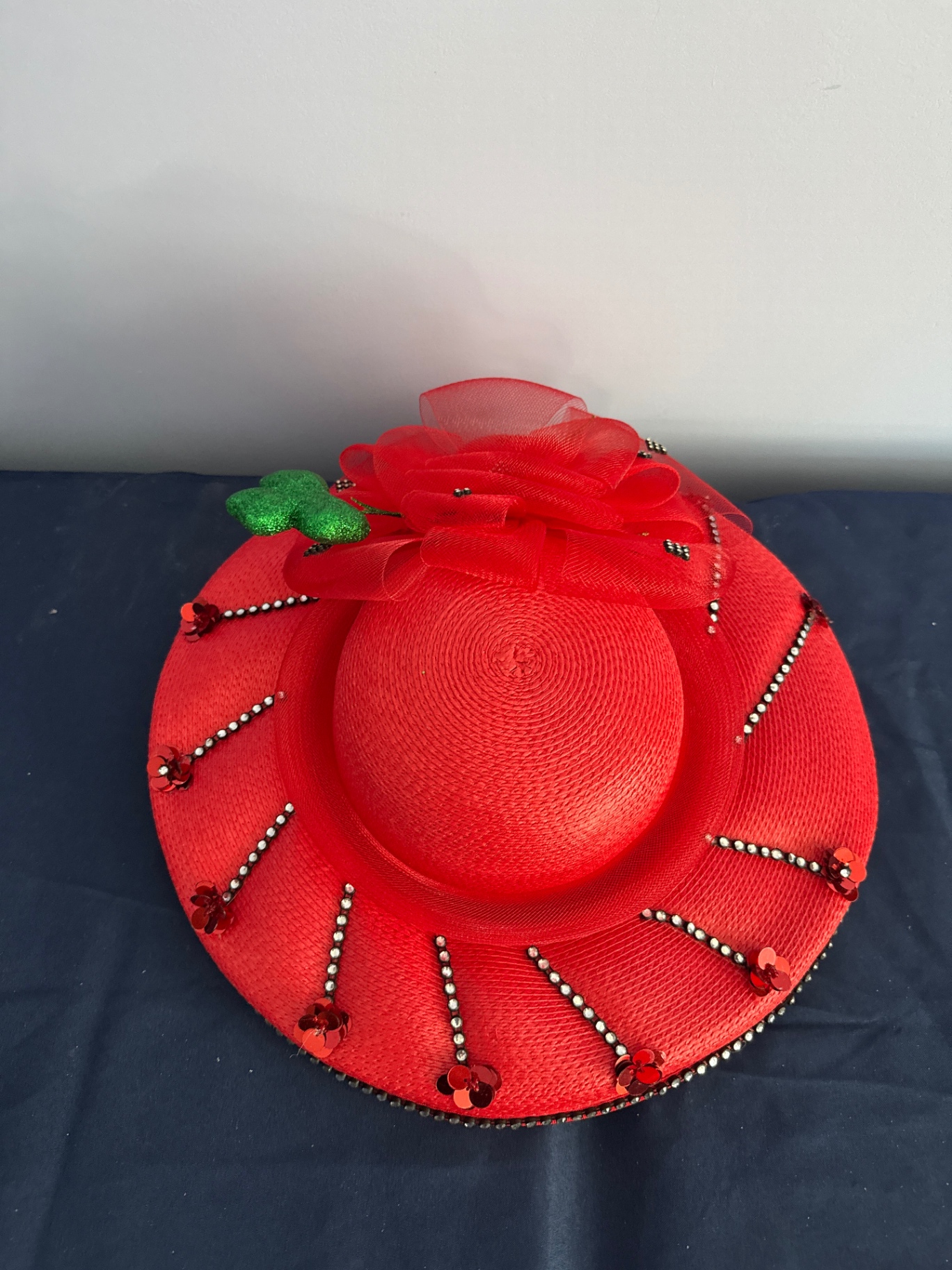 Red decorative wide-brim straw hat - image 2 of 3