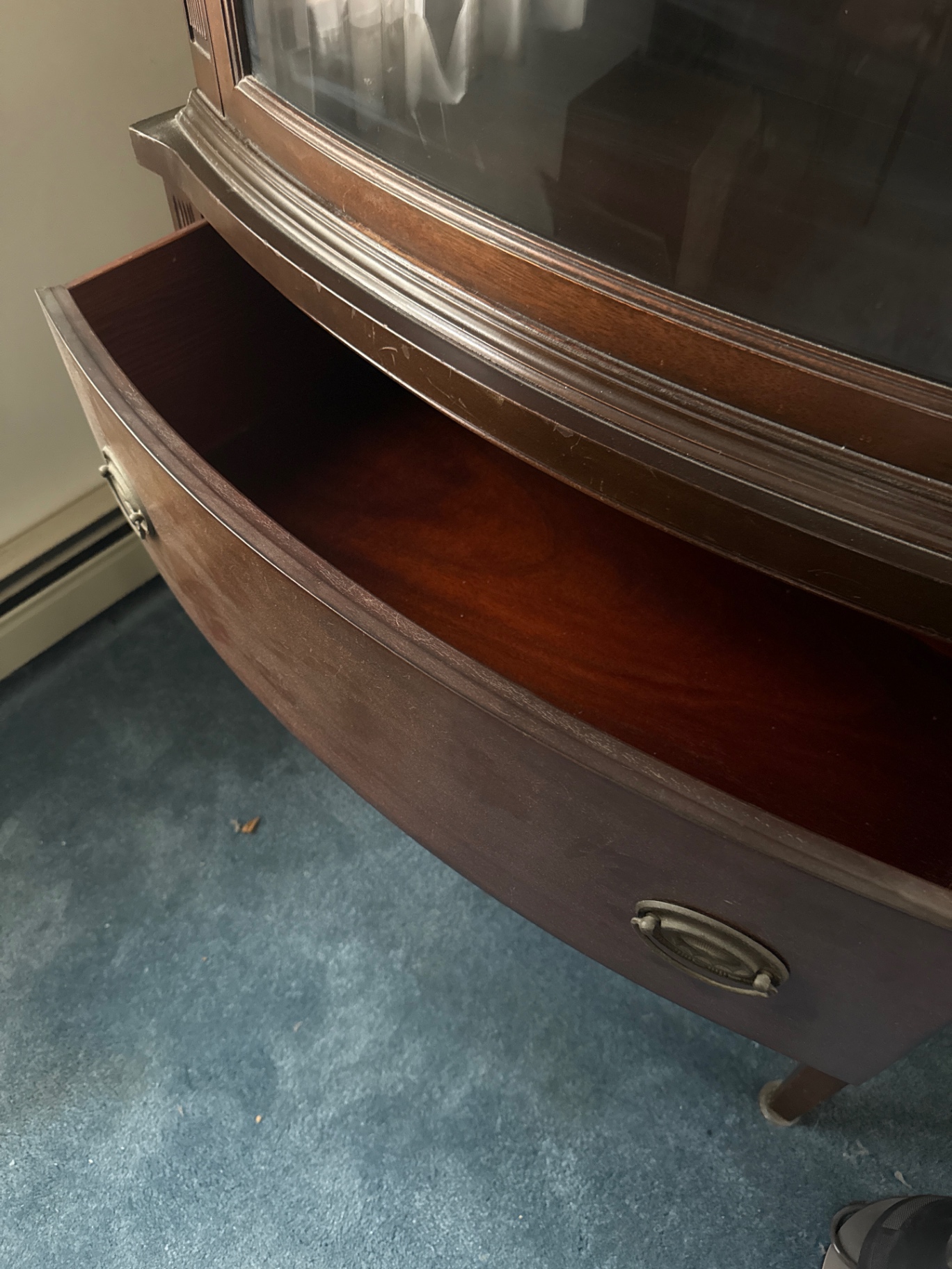 Dark wood corner display cabinet with glass doors and bottom drawer - image 3 of 3