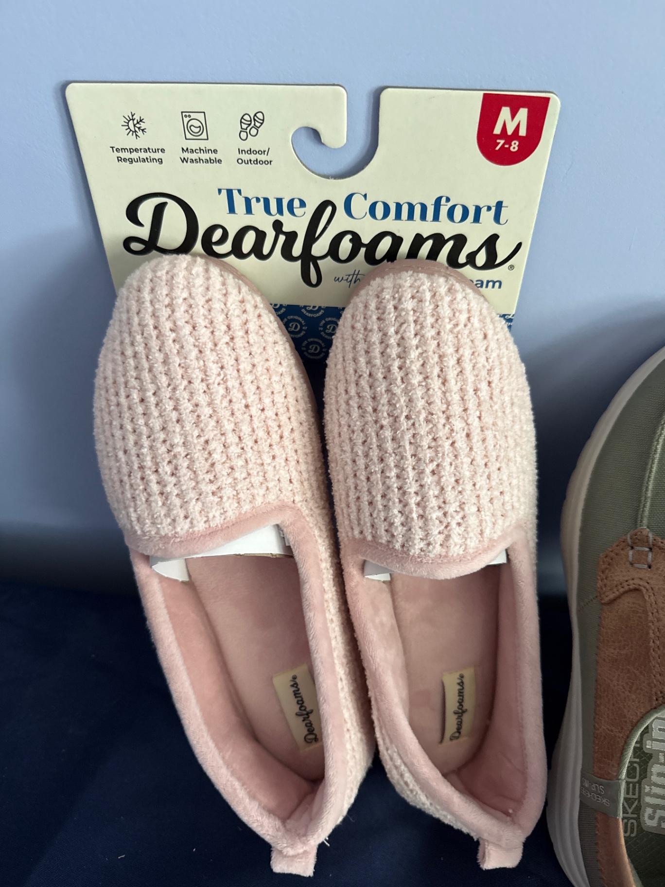 Pink knit Dearfoams slippers and brown Skechers Slip-Ins shoes - image 2 of 3