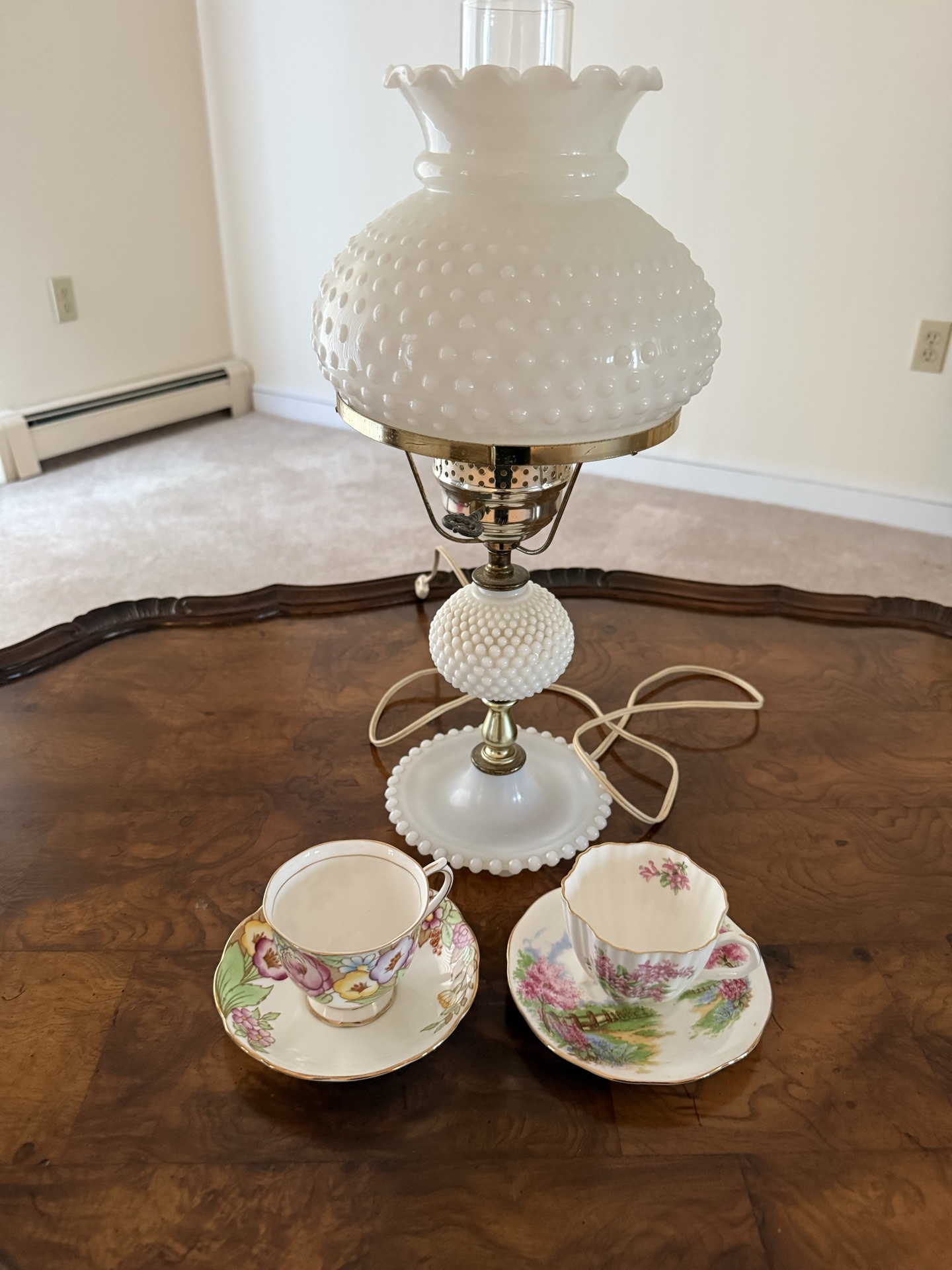 Hobnail milk-glass lamp with floral bone china tea set and dishes - image 1 of 4