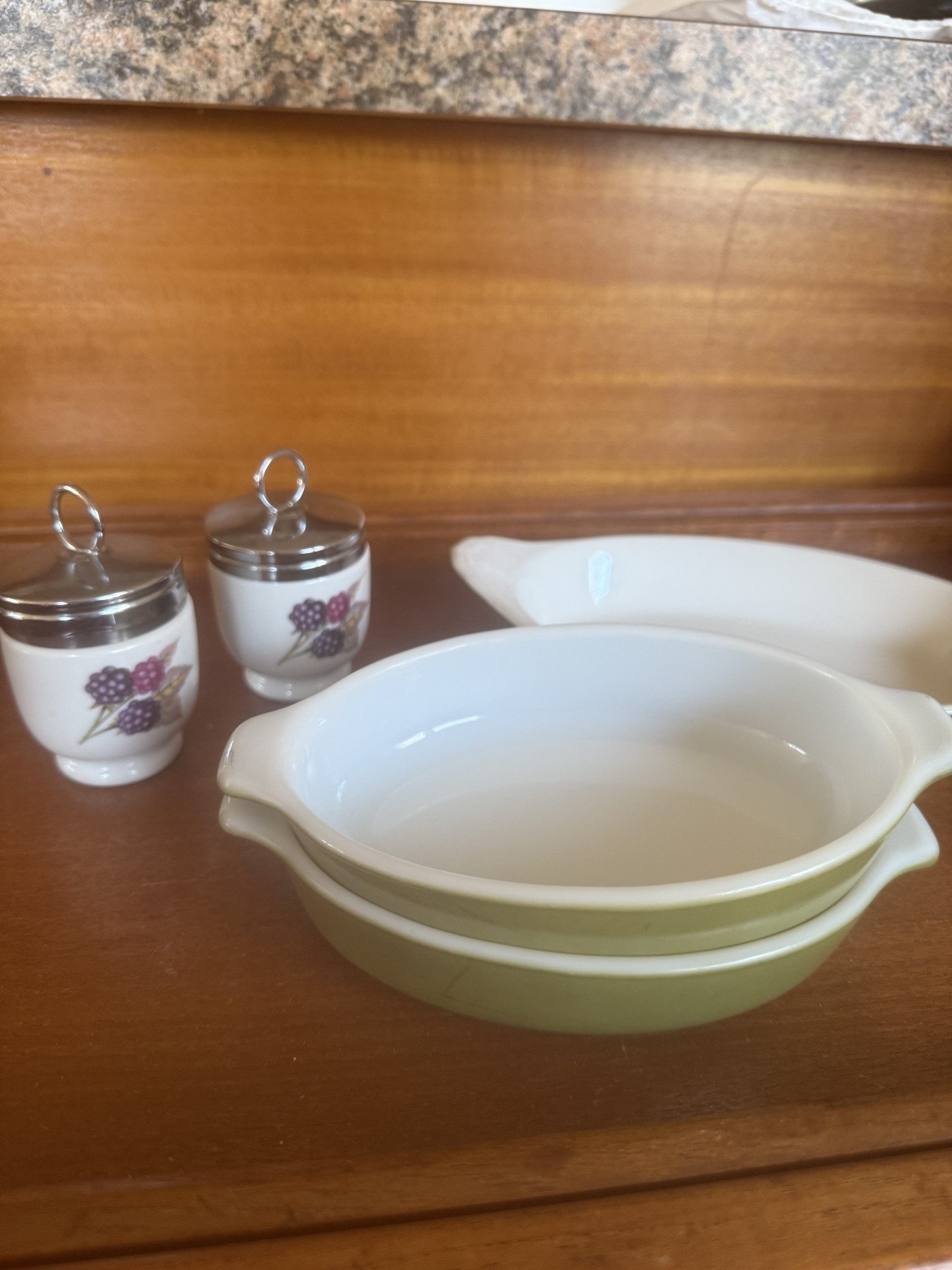Royal Worcester porcelain egg coddlers and Pyrex green ceramic bake dishes - image 1 of 8
