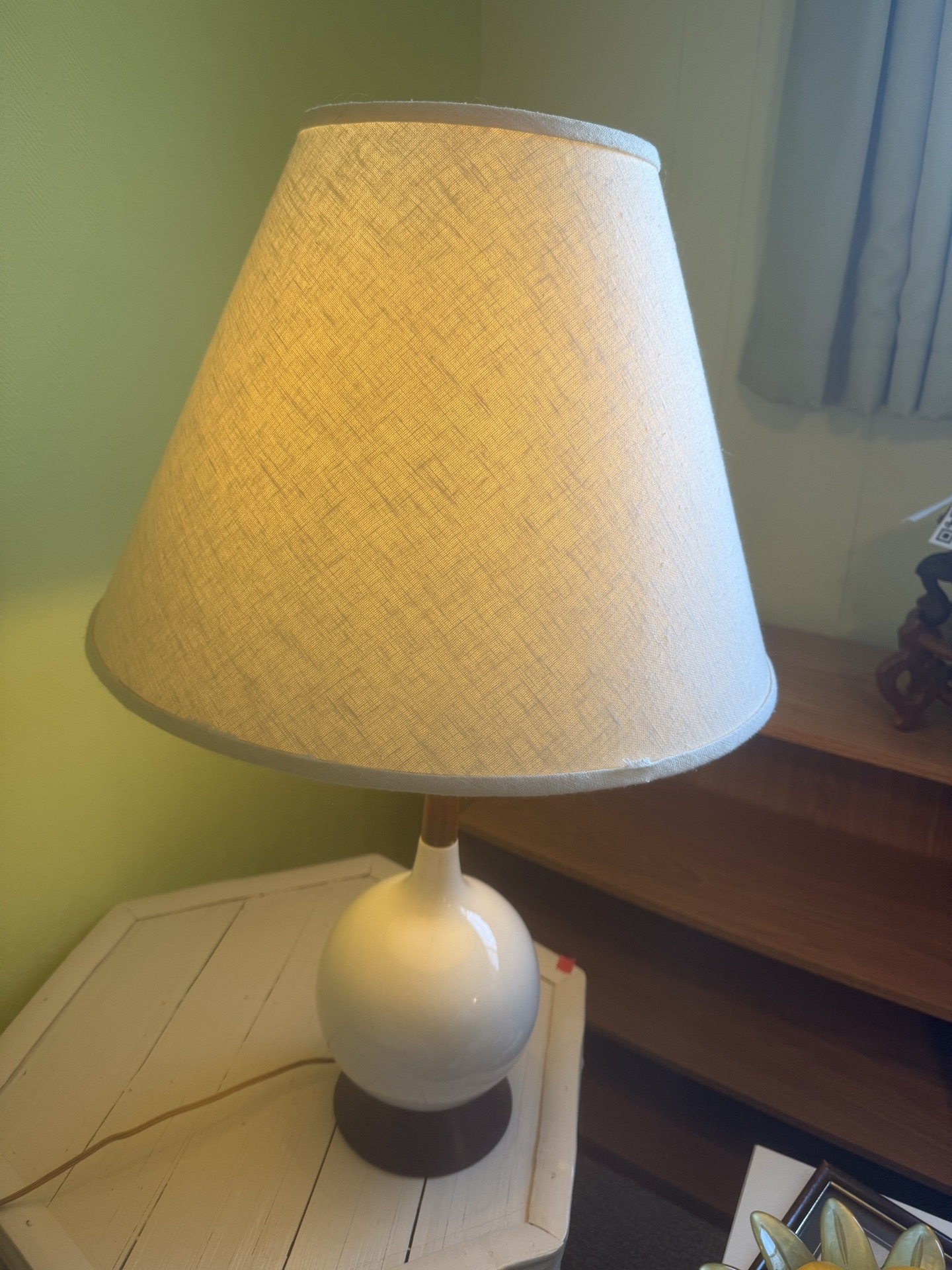 Mid century Danish Table lamp with white ceramic globe base and fabric shade - image 4 of 6