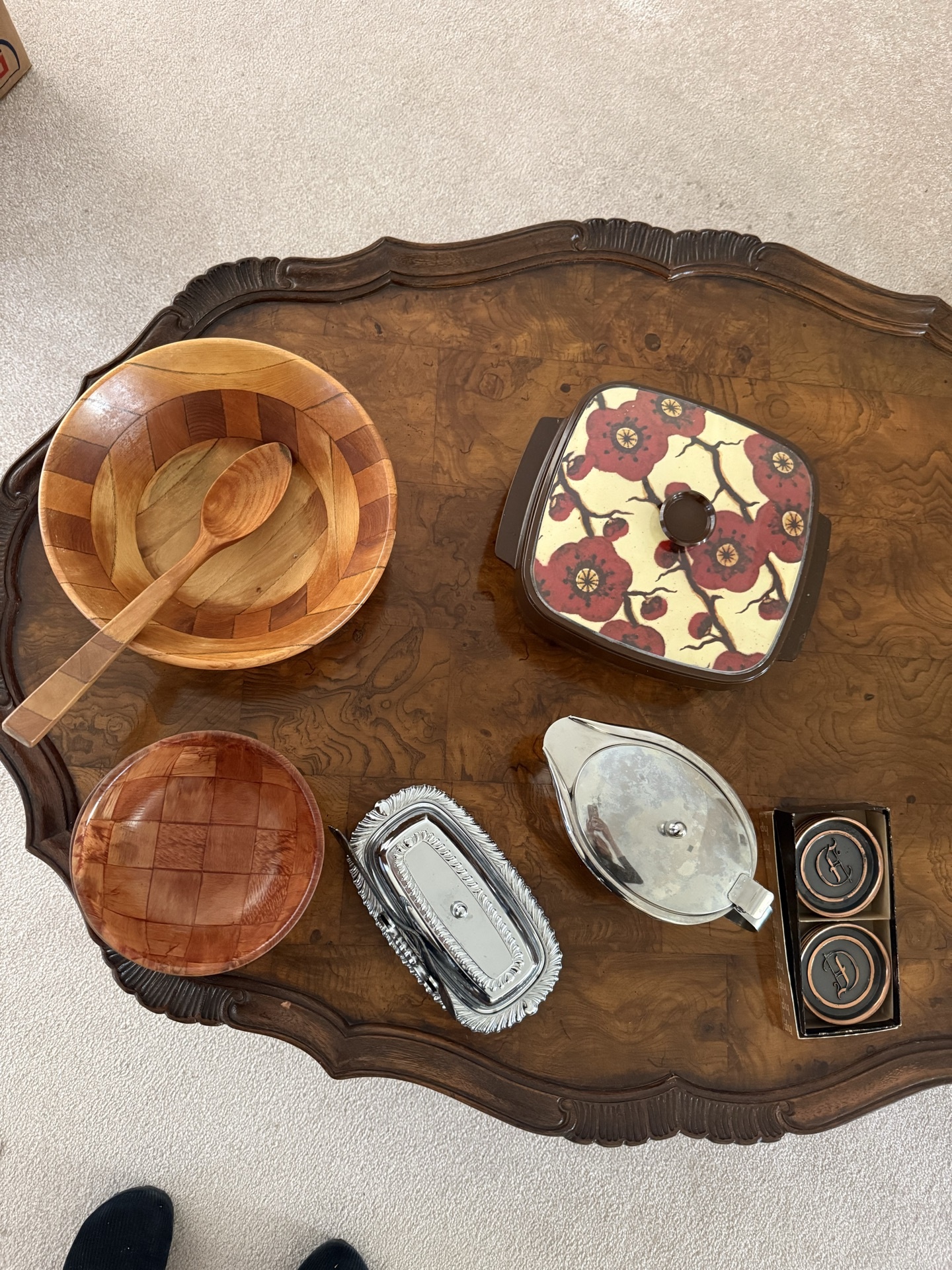 Vintage kitchenware set with wooden bowls and metal serving pieces - image 1 of 6