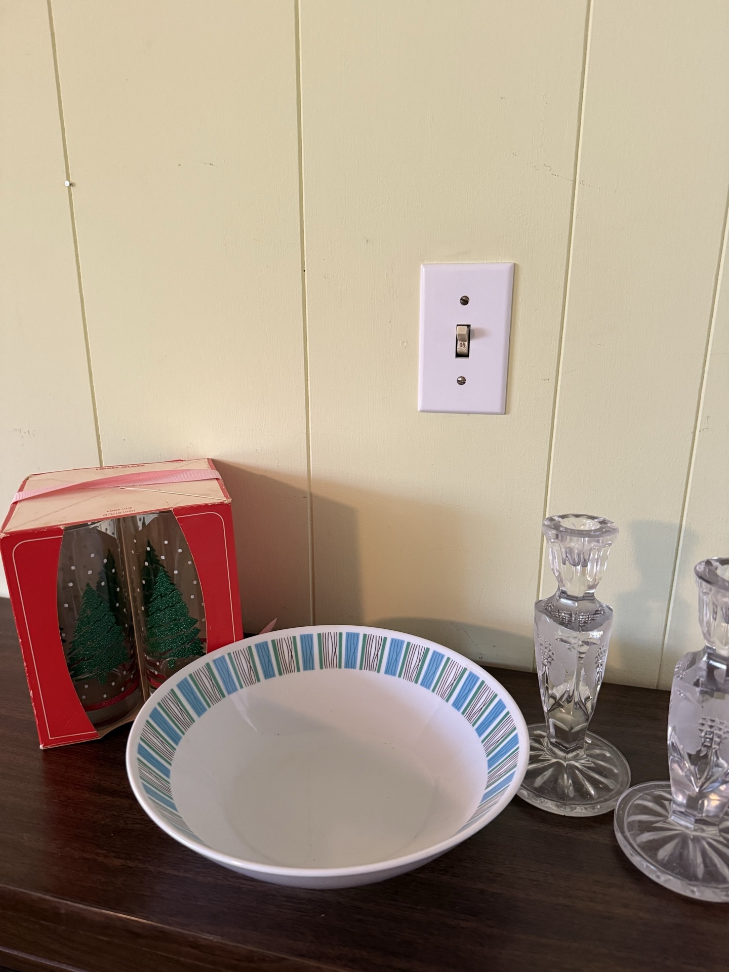 Harmony House china plate with bowl, crystal candle holders, and boxed Christmas glassware - image 1 of 6