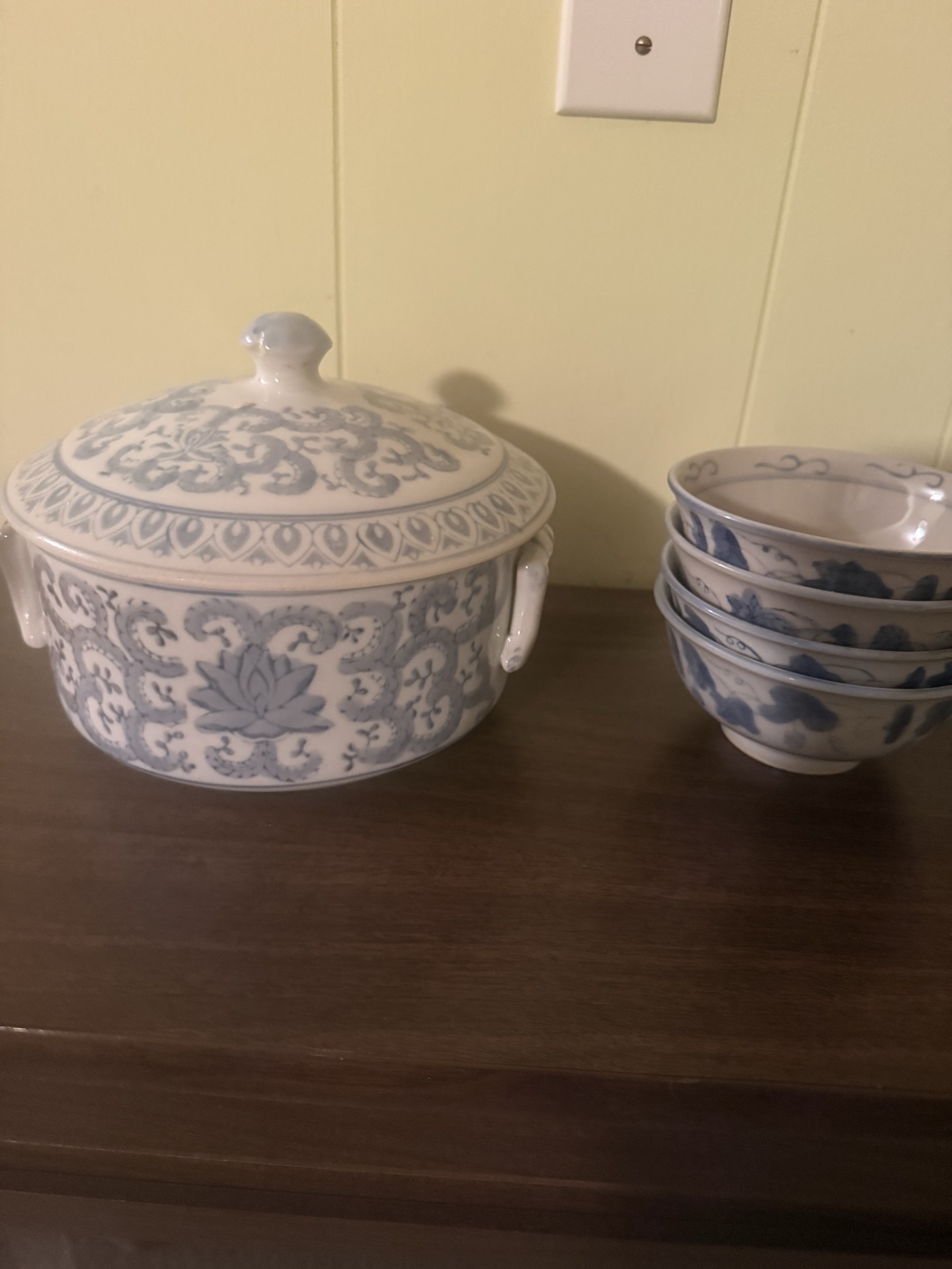 Blue and White Ceramic Tureen with Lid and Matching Bowls - image 1 of 2