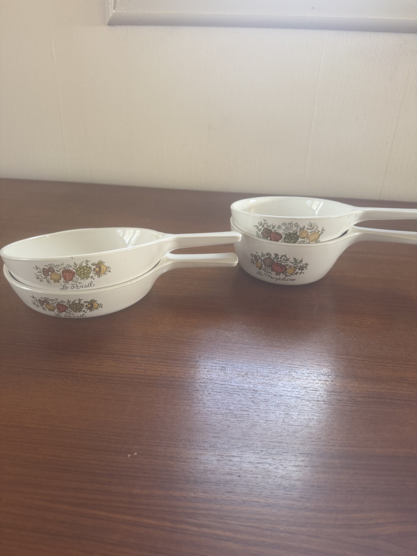 Set of four corningware white ceramic cookware pieces with fruit motif - image 1 of 6