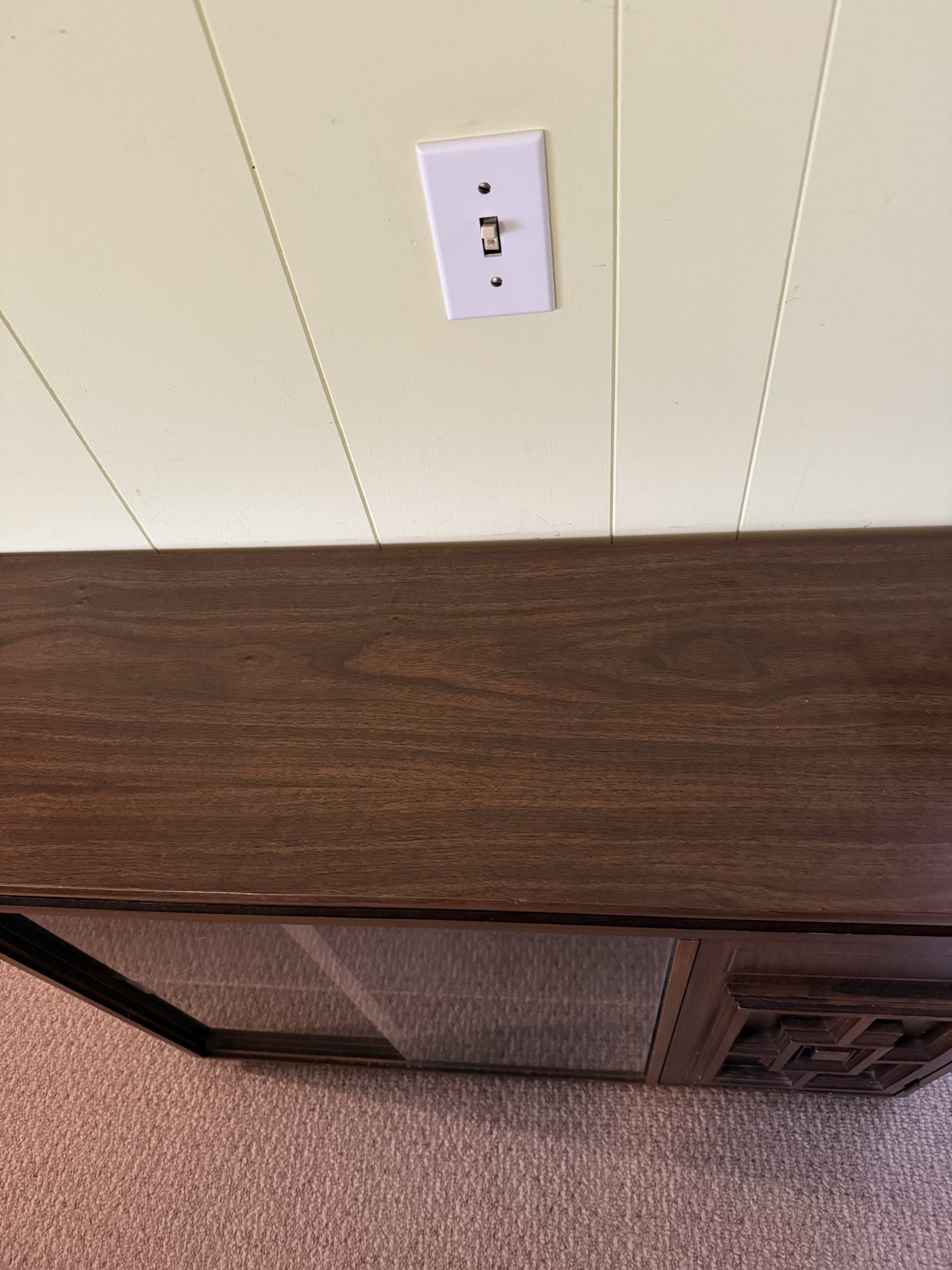 Dark wood TV stand with glass doors - image 3 of 6