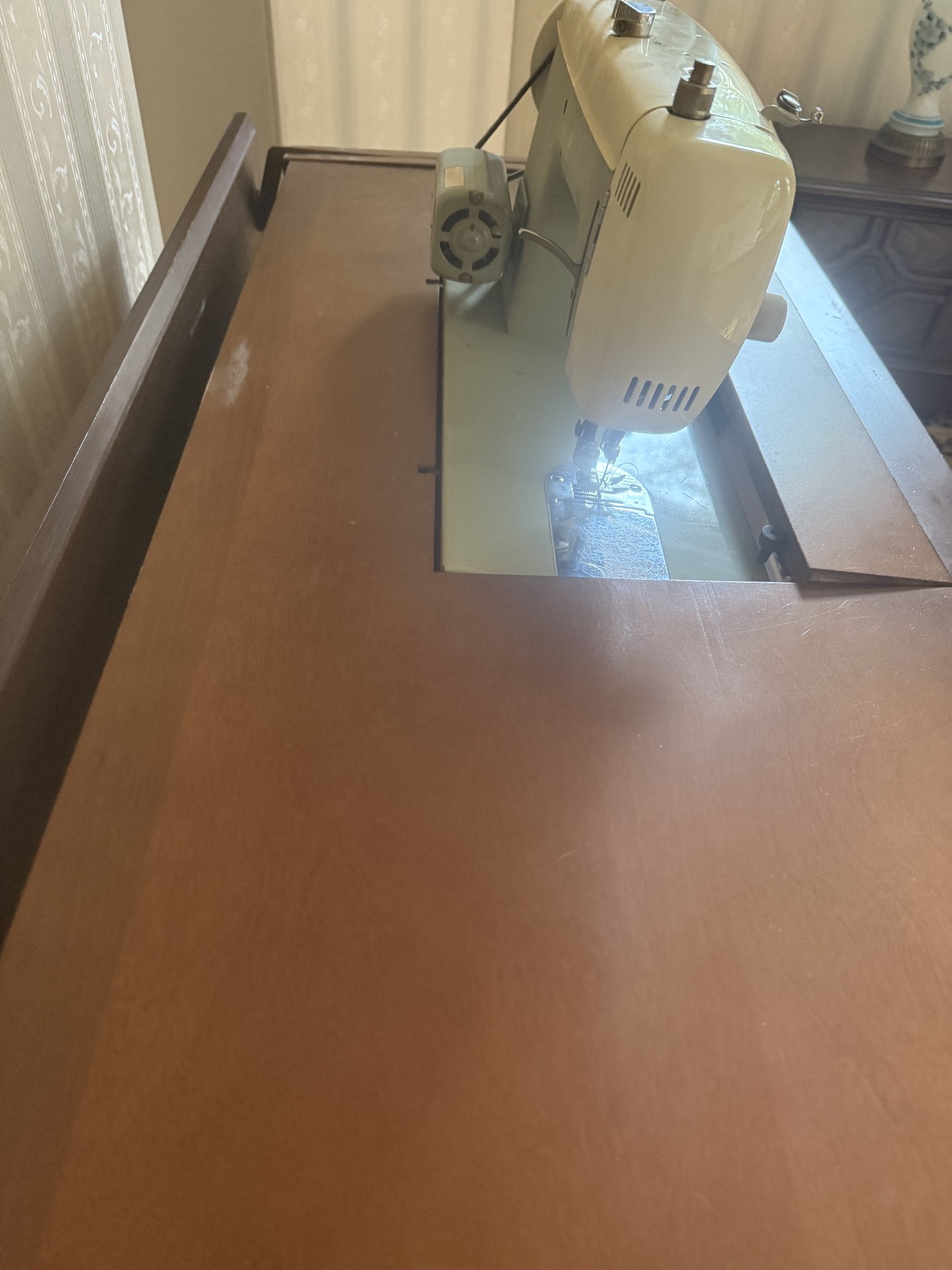 Sears Kenmore sewing machine integrated in wooden desk cabinet - image 5 of 8