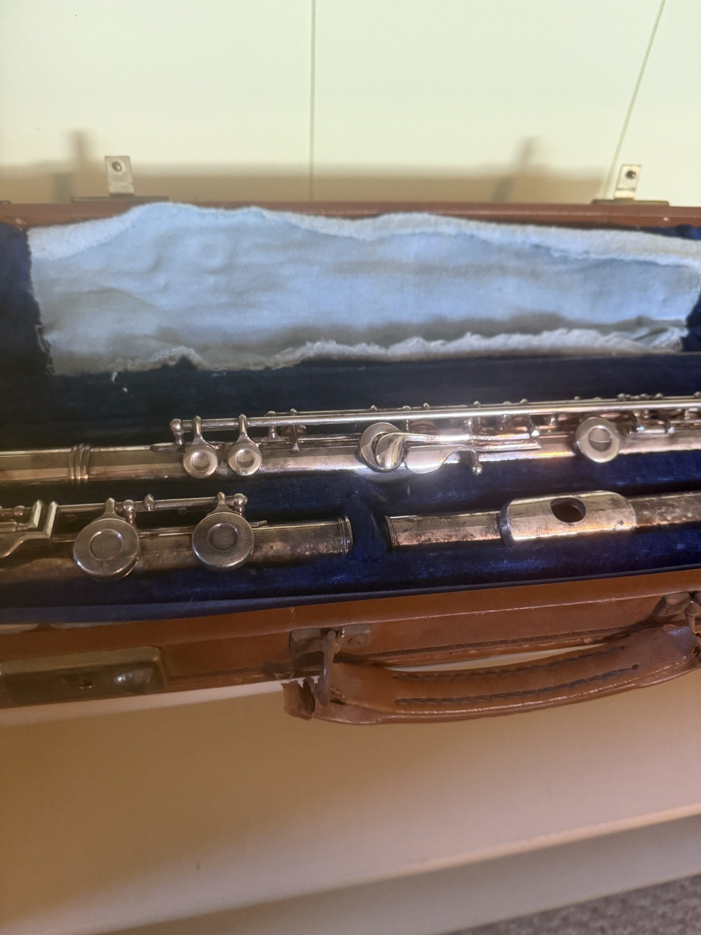 Disassembled silver flute in blue velvet case - image 1 of 5