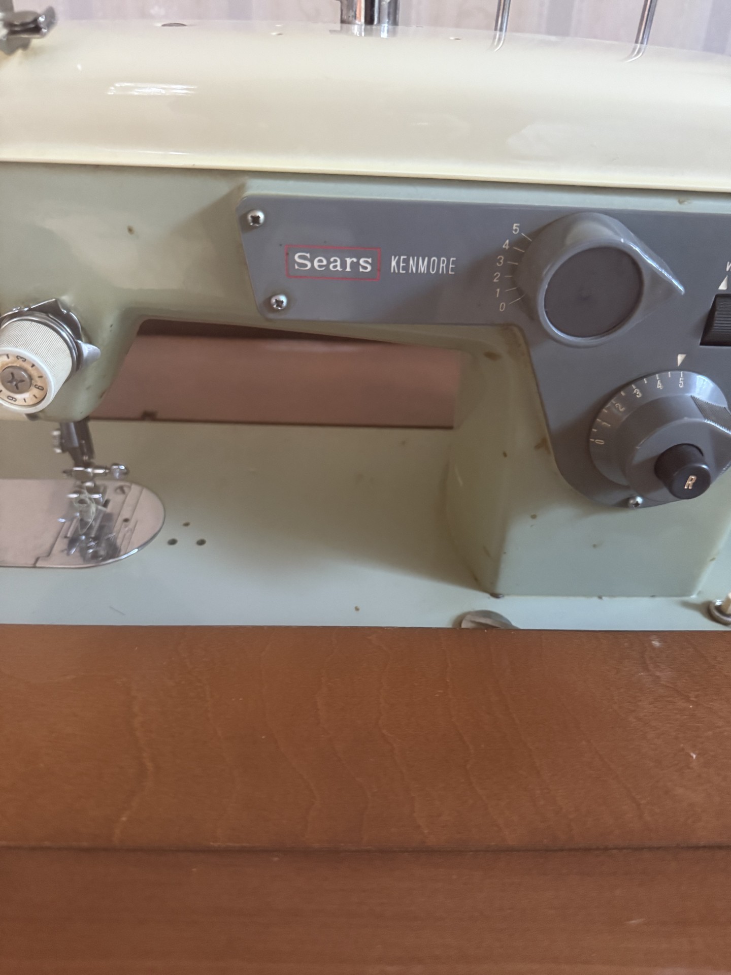 Sears Kenmore sewing machine integrated in wooden desk cabinet - image 2 of 8