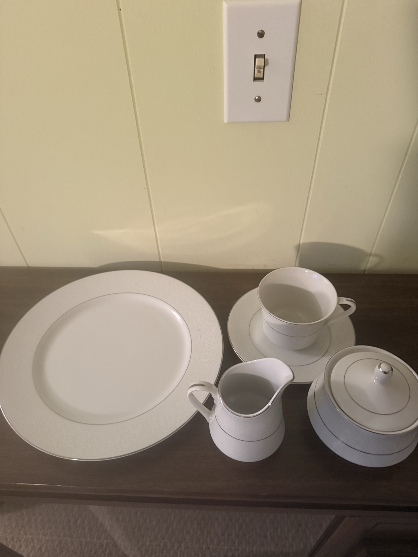 White Diamond China dinnerware set with charger plate, teacup and saucer, creamer, and sugar bowl - image 1 of 6