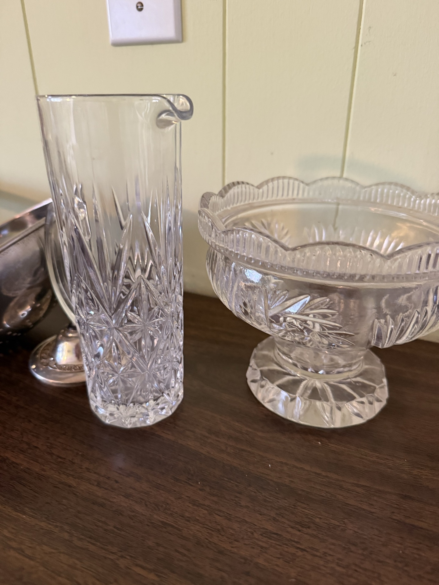 Vintage kitchenware collection including silver-plated creamer, crystal glassware, strainers and wire dish rack - image 4 of 7