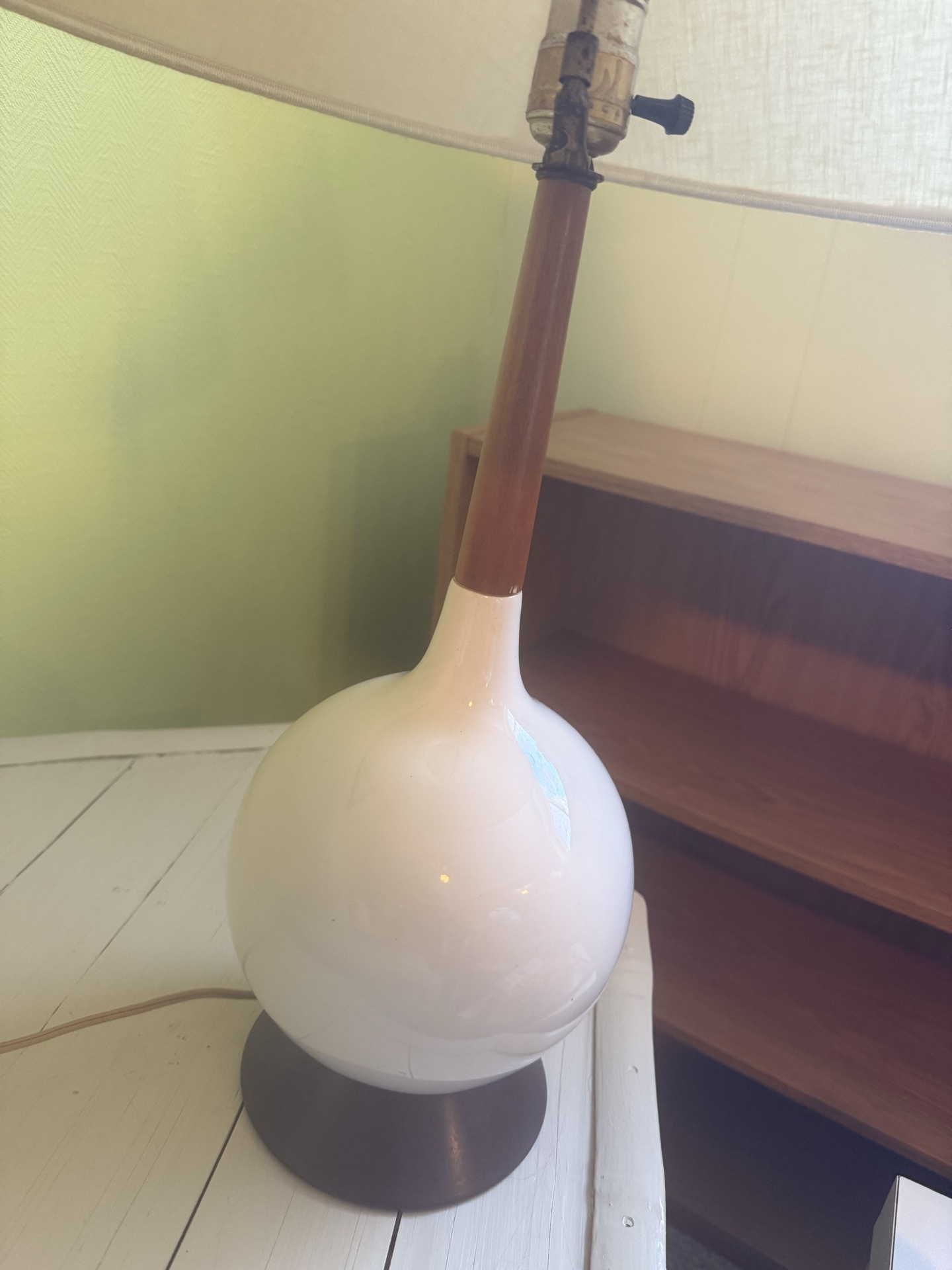 Mid century Danish Table lamp with white ceramic globe base and fabric shade - image 2 of 6