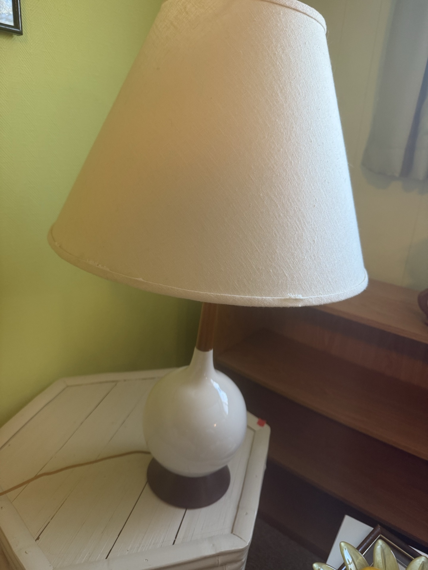 Mid century Danish Table lamp with white ceramic globe base and fabric shade - image 1 of 6
