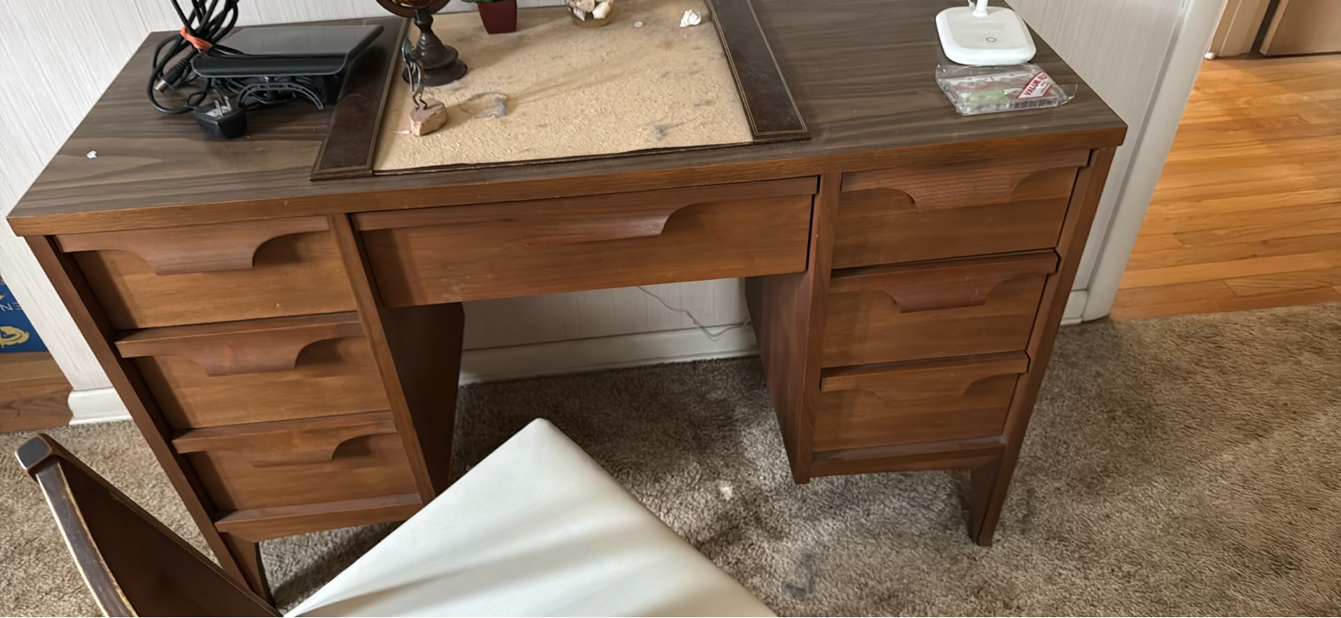 Wooden Writing Desk with Seven Drawers and Matching Chair - image 2 of 3
