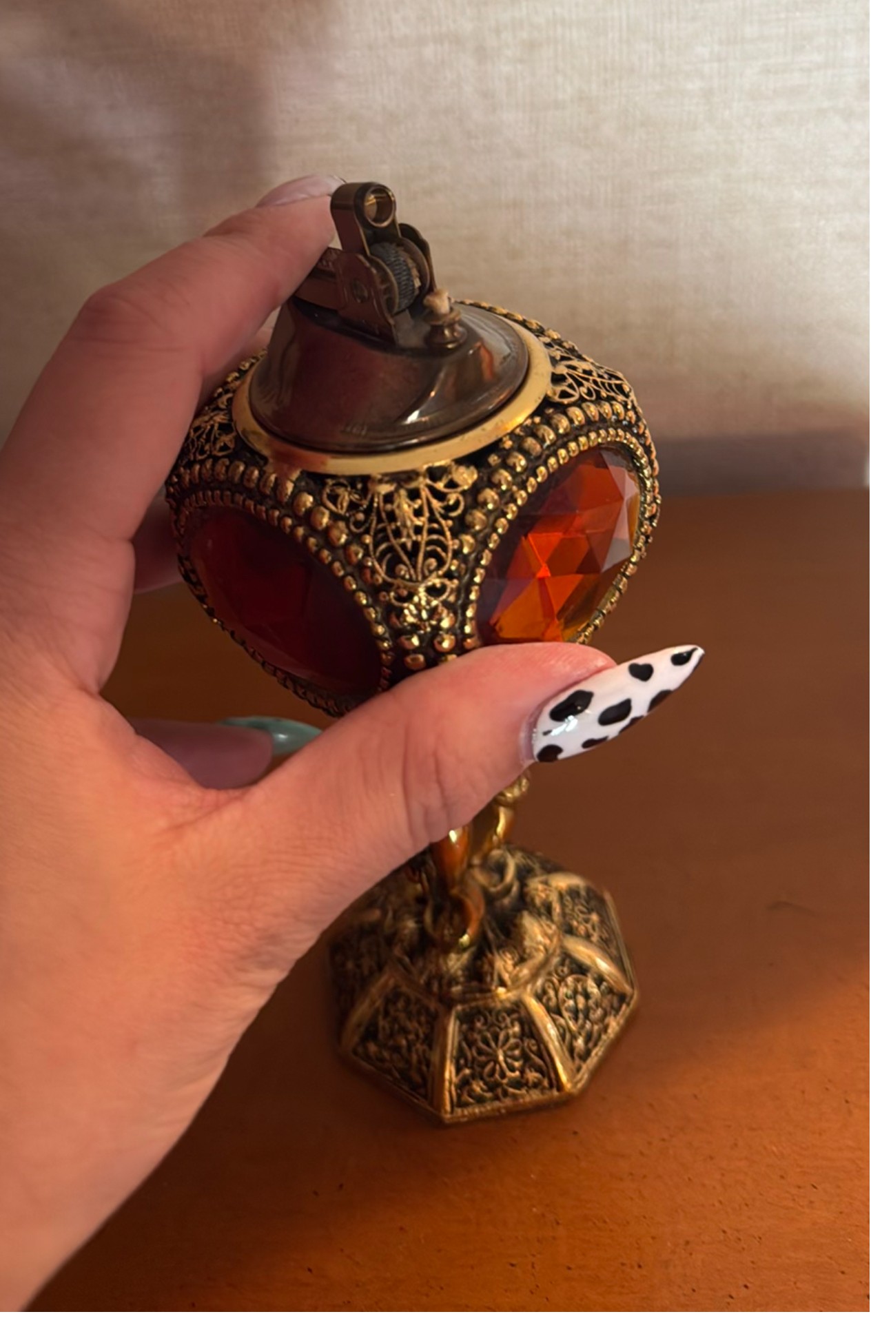 Ornate Table Lighter with Faceted Amber Glass Panels - image 3 of 3
