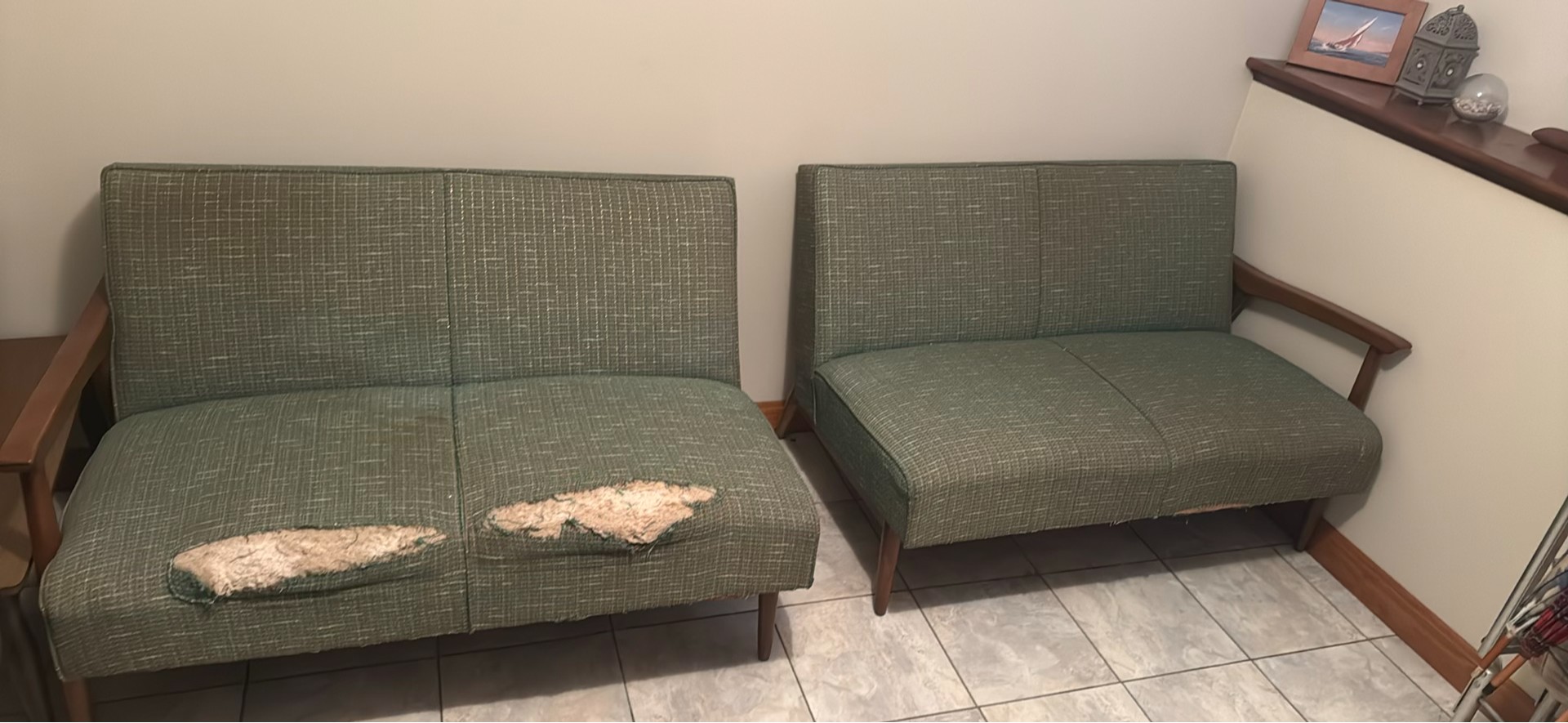 Two Mid Century Modern Green Upholstered Loveseats - image 2 of 2