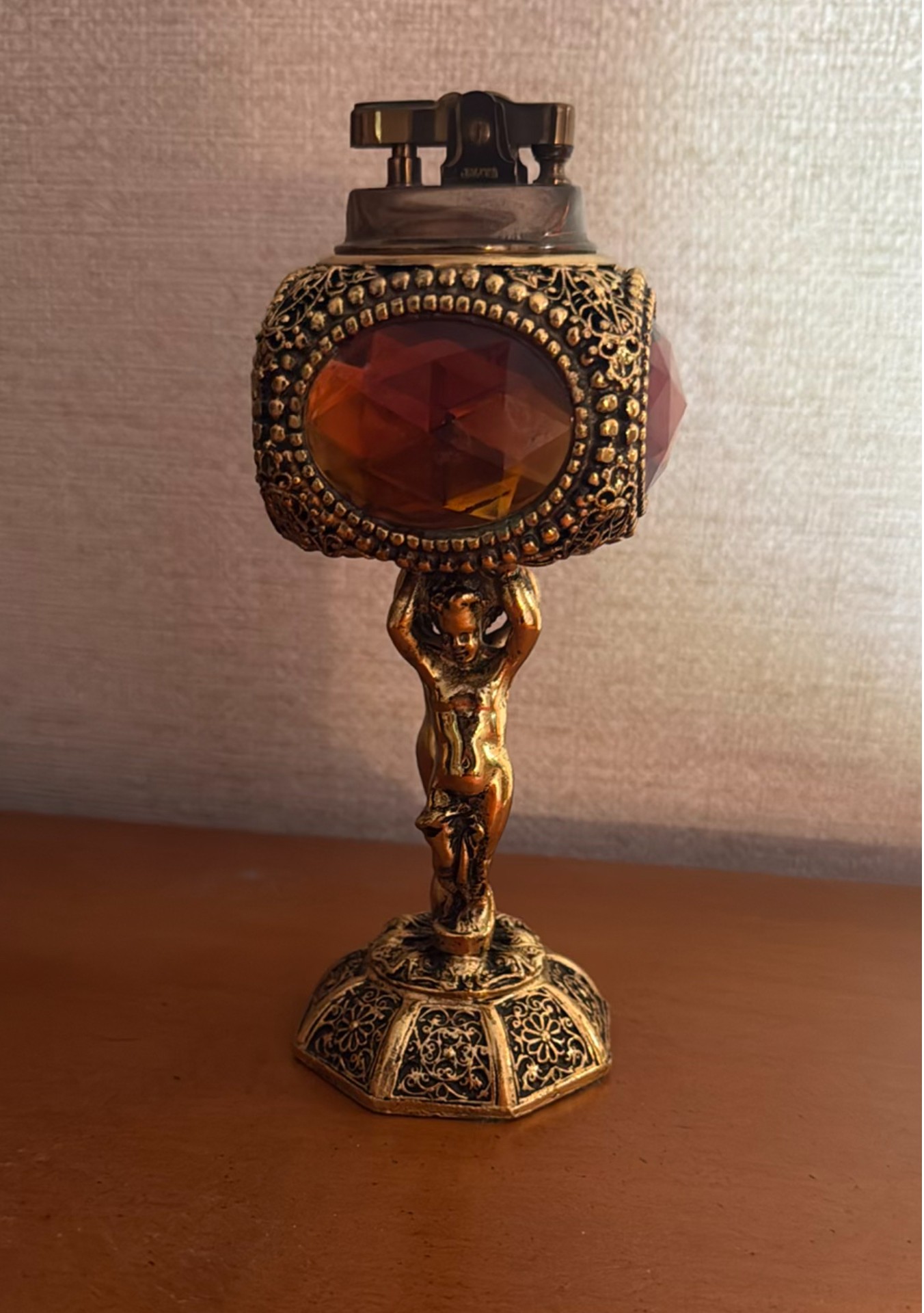 Ornate Table Lighter with Faceted Amber Glass Panels - image 1 of 3