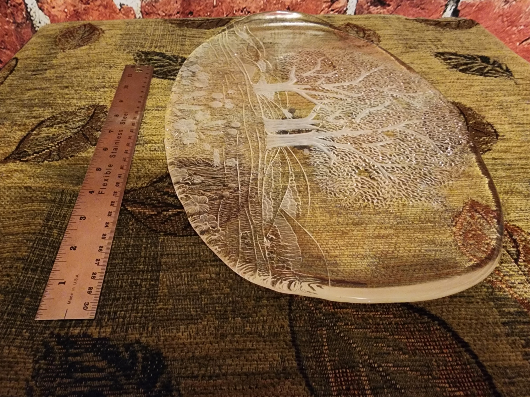 Etched oval glass plate with trees and floral landscape - image 4 of 7