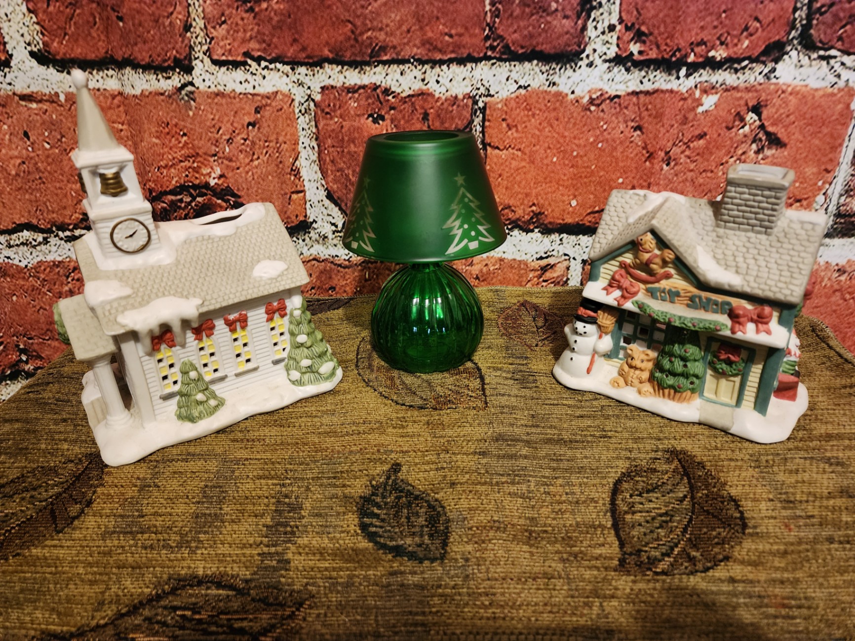 Ceramic Christmas village buildings with green glass lamp - image 2 of 20