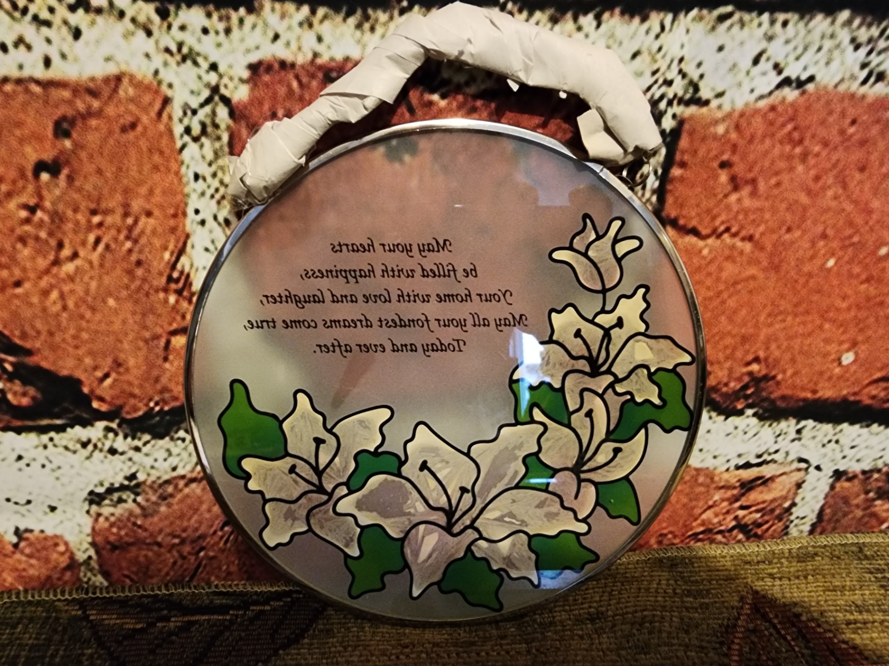 Round decorative glass and tin with floral motif and verse - image 5 of 6