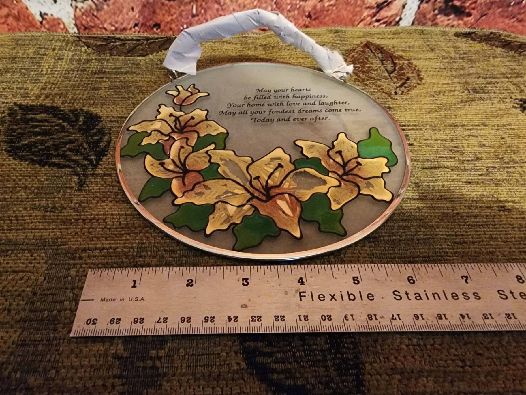 Round decorative glass and tin with floral motif and verse - image 4 of 6