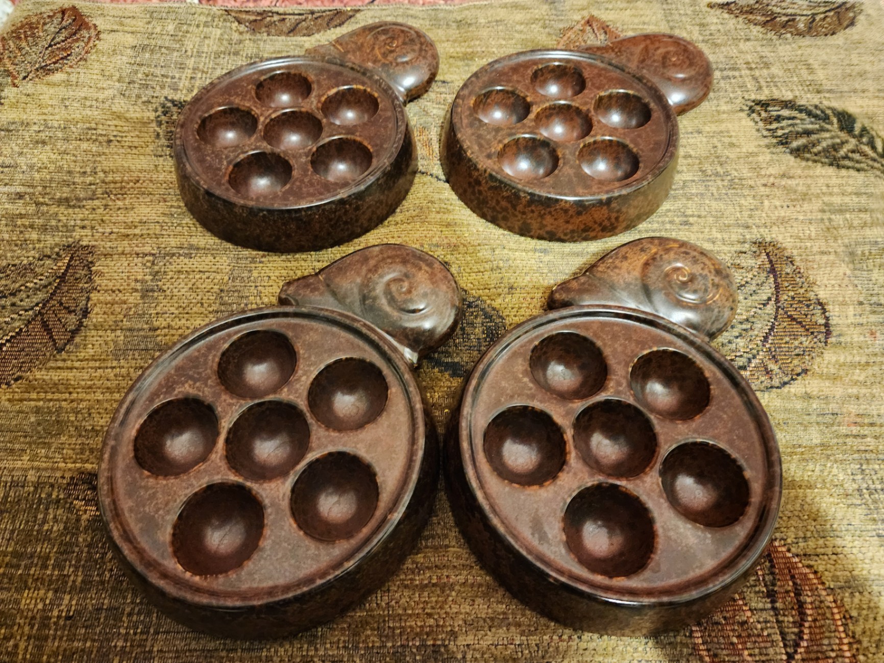 Vintage Set "Made in Japan" escargot dishes feature 6-hole, brown-glazed ceramic - image 5 of 5