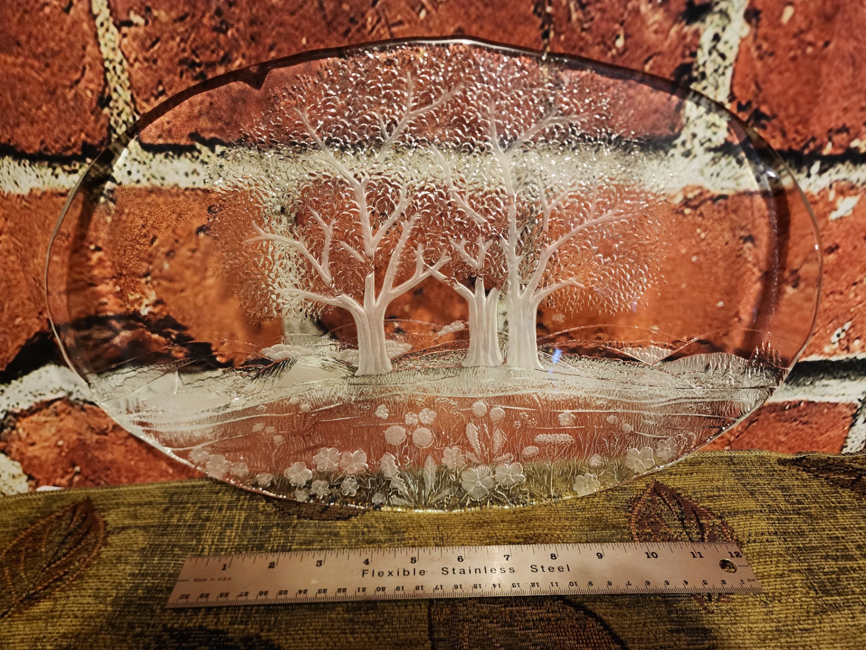 Etched oval glass plate with trees and floral landscape - image 1 of 7