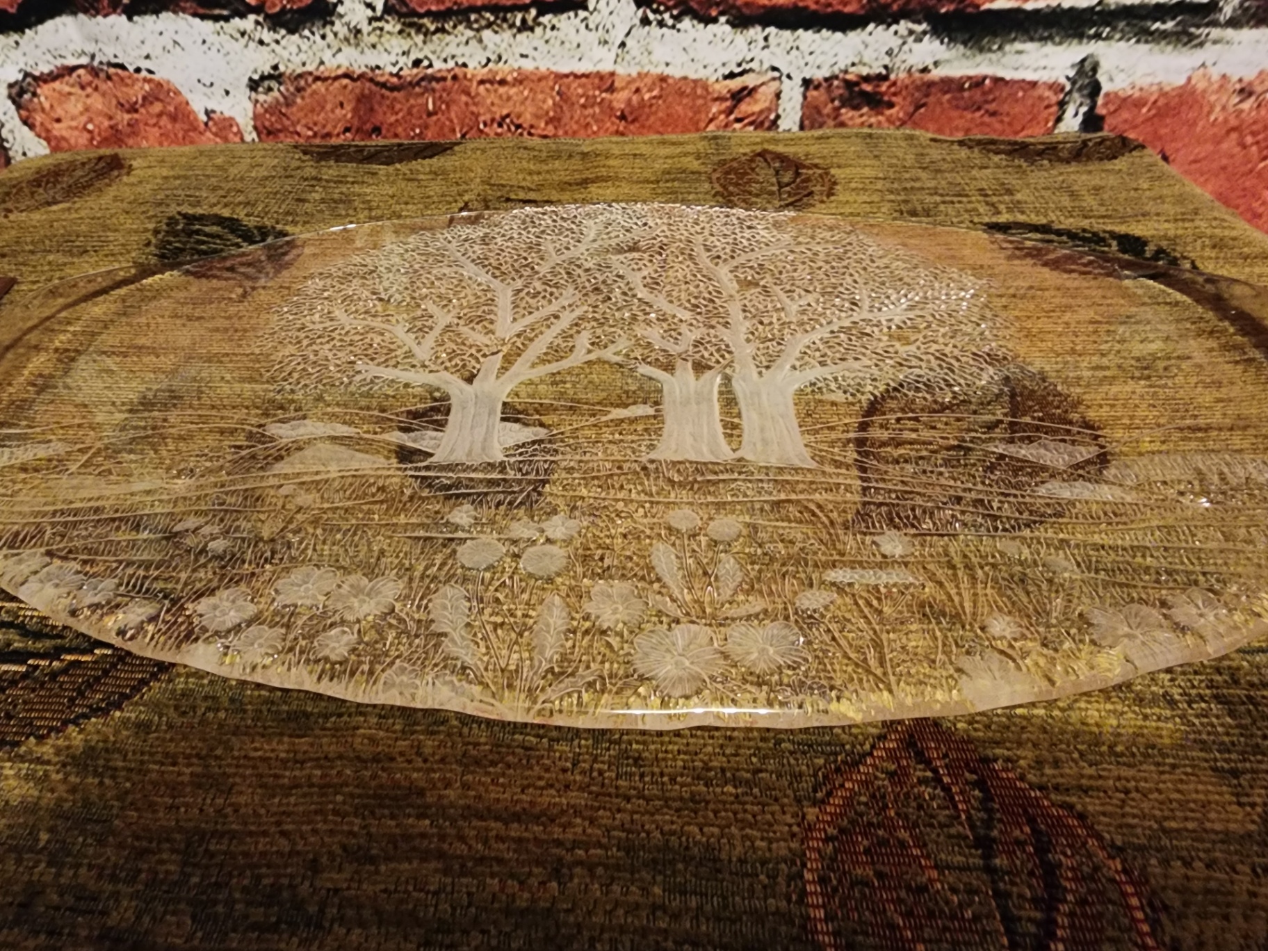 Etched oval glass plate with trees and floral landscape - image 7 of 7