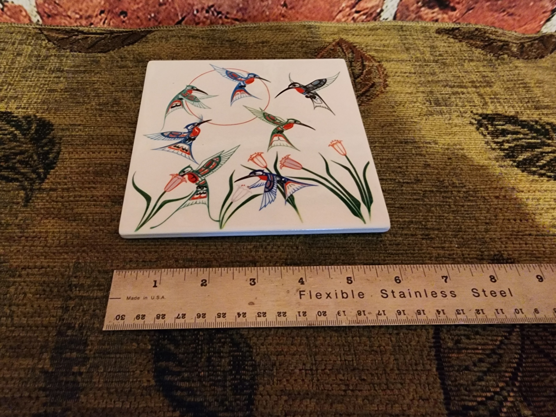Hummingbird ceramic tile with flowers - image 3 of 5
