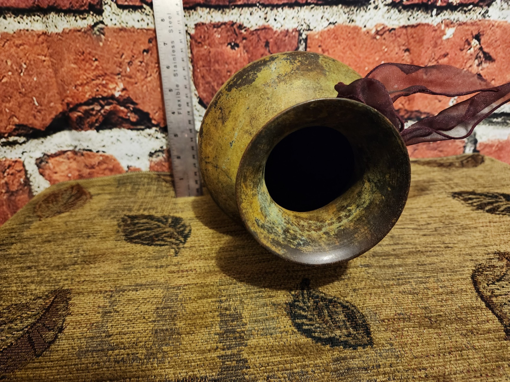 Patinaed yellow vase with ribbon - image 4 of 6