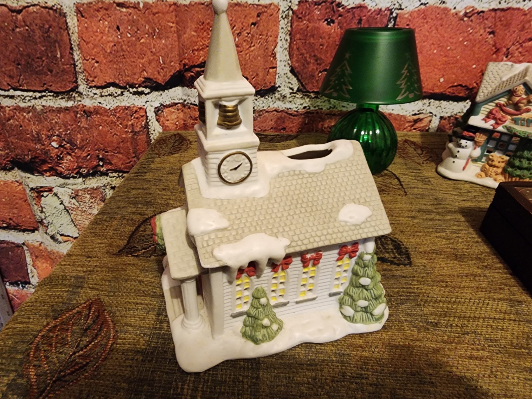 Ceramic Christmas village buildings with green glass lamp - image 3 of 20