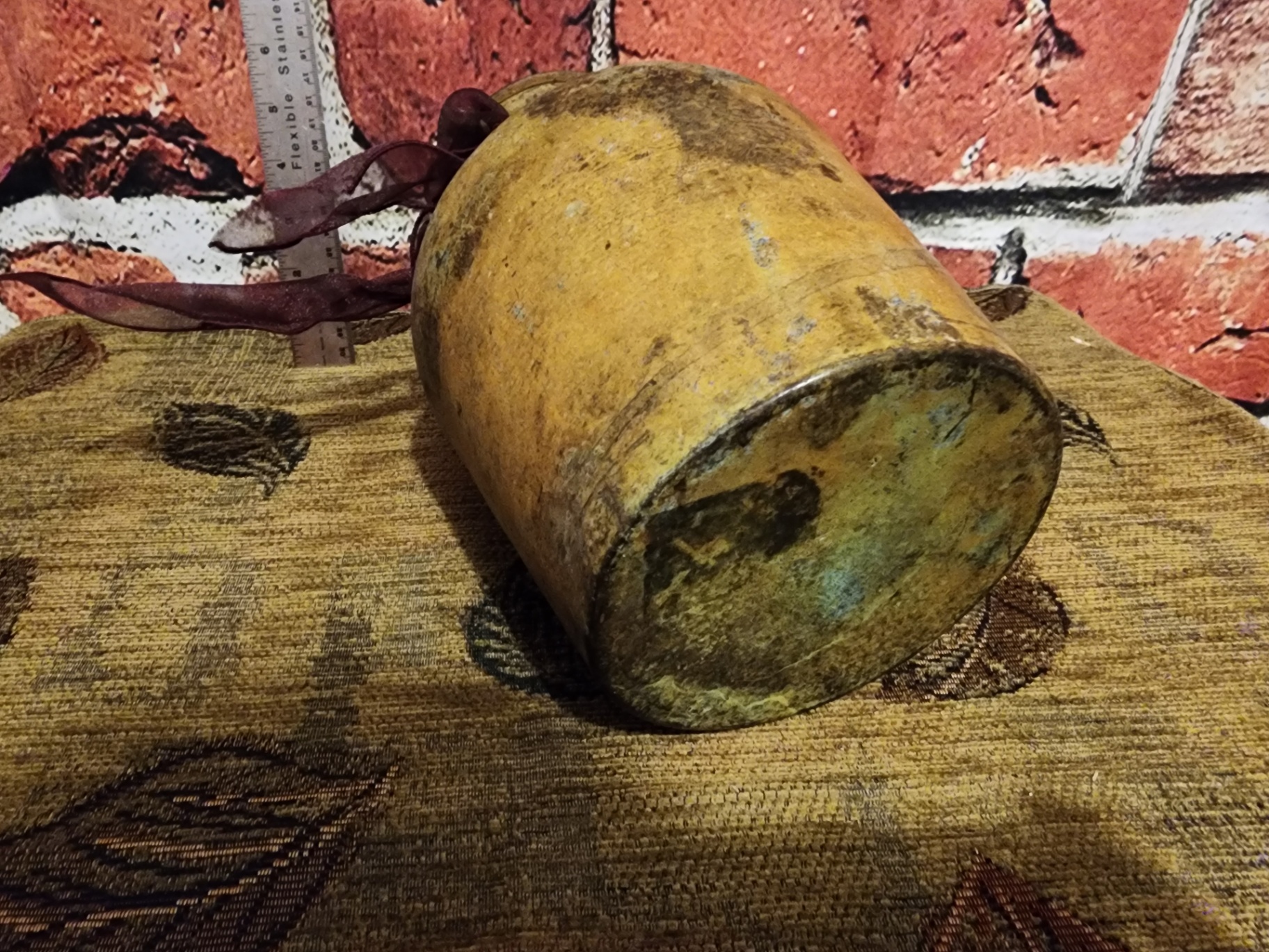 Patinaed yellow vase with ribbon - image 5 of 6