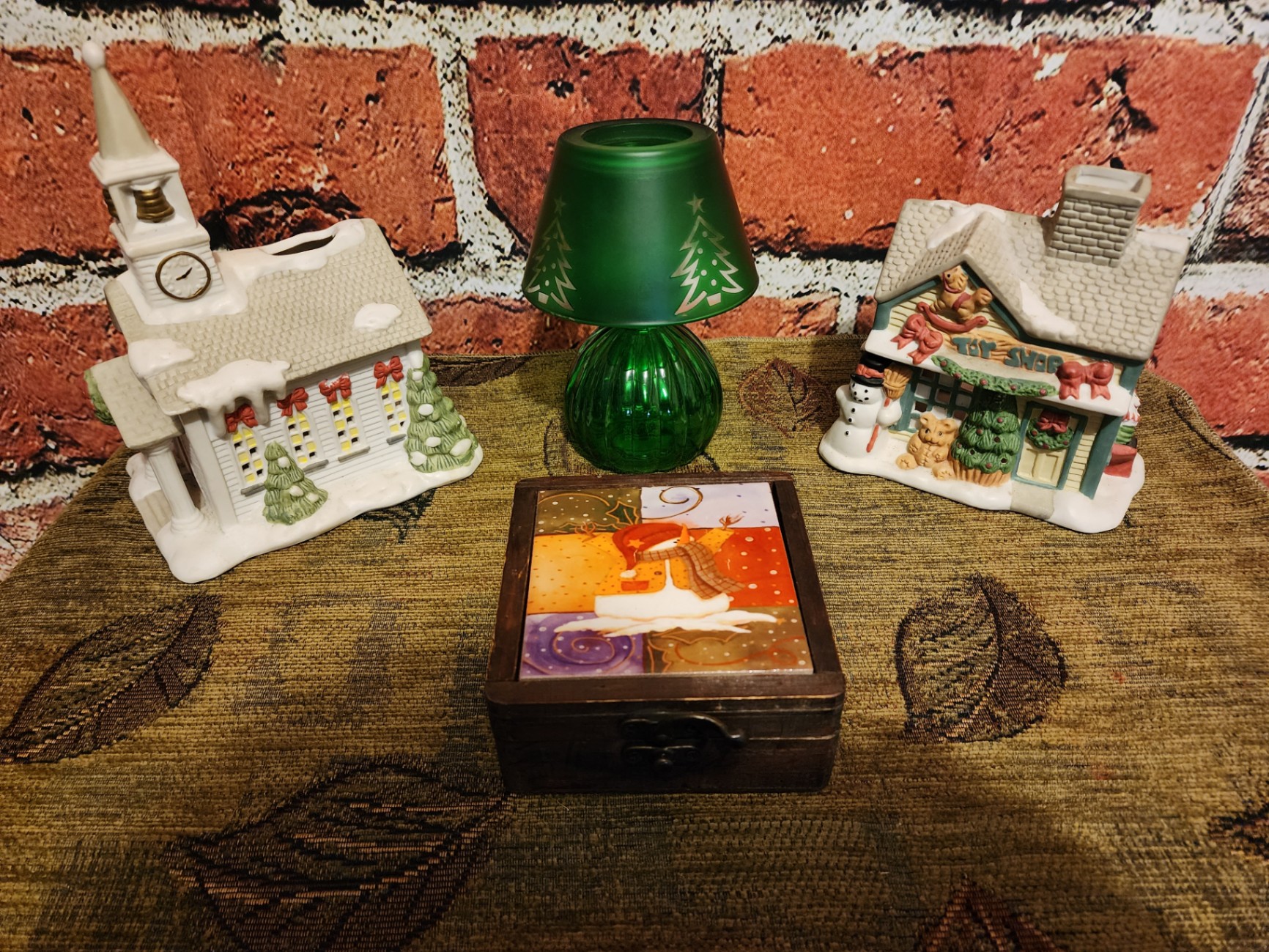 Ceramic Christmas village buildings with green glass lamp - image 1 of 20