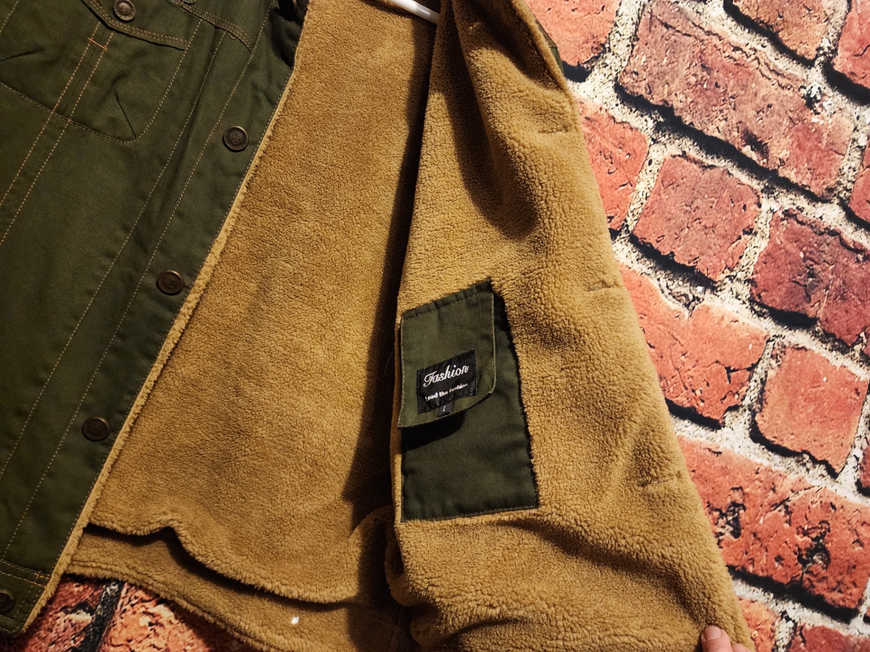 Olive green sherpa-lined jacket with patches - image 4 of 9
