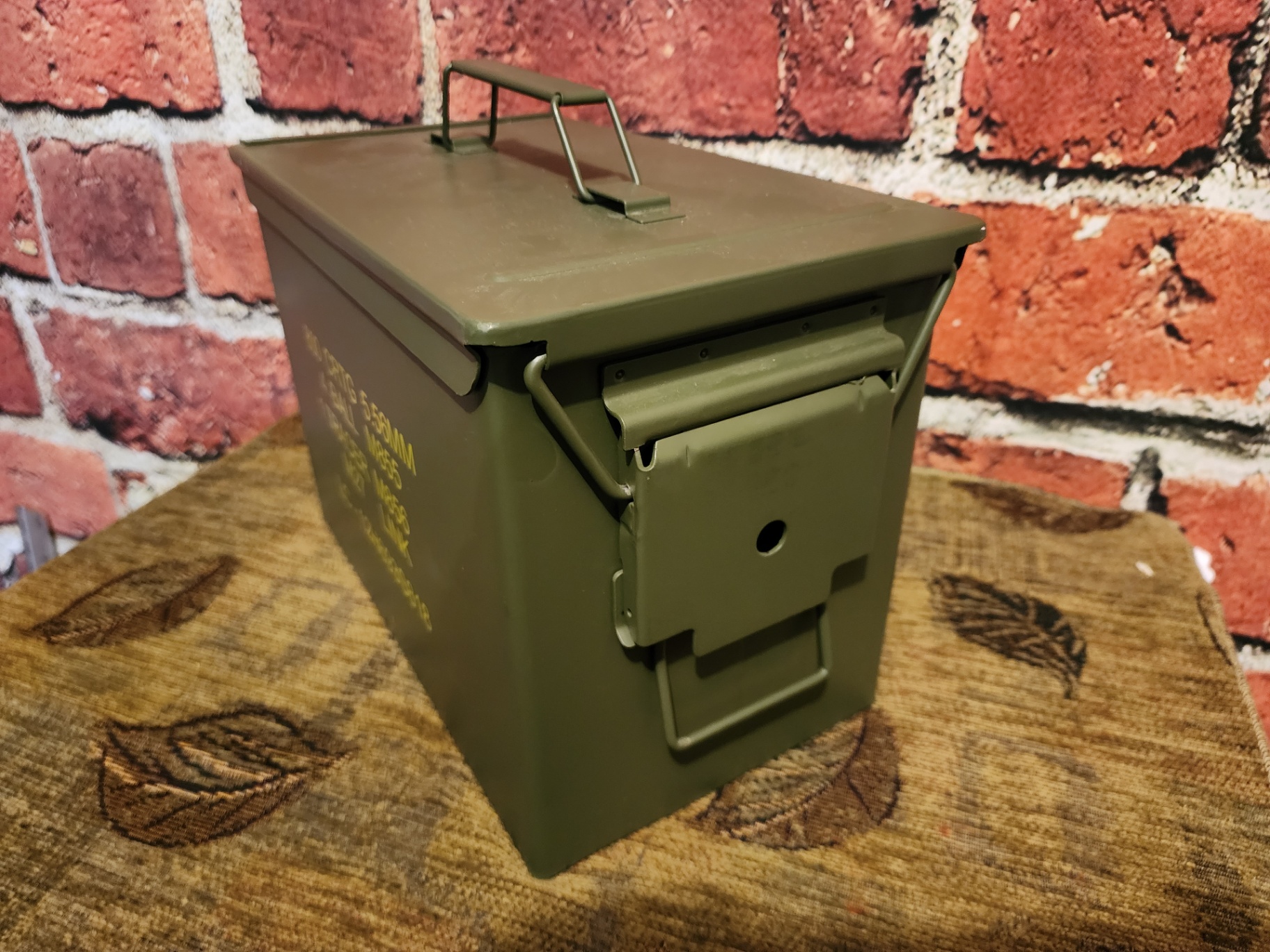 Olive-drab metal ammo can with stencil markings - image 5 of 8