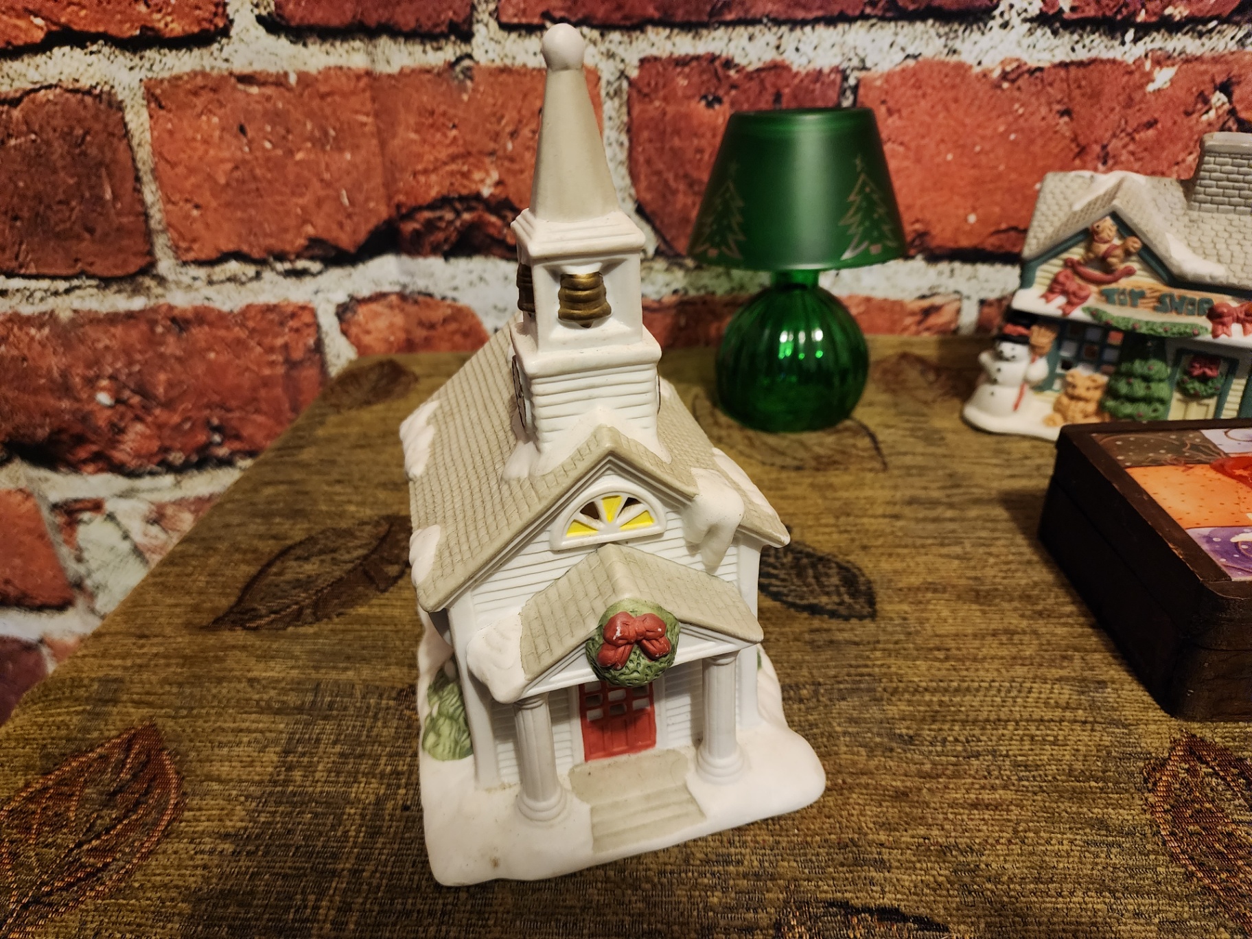 Ceramic Christmas village buildings with green glass lamp - image 7 of 20