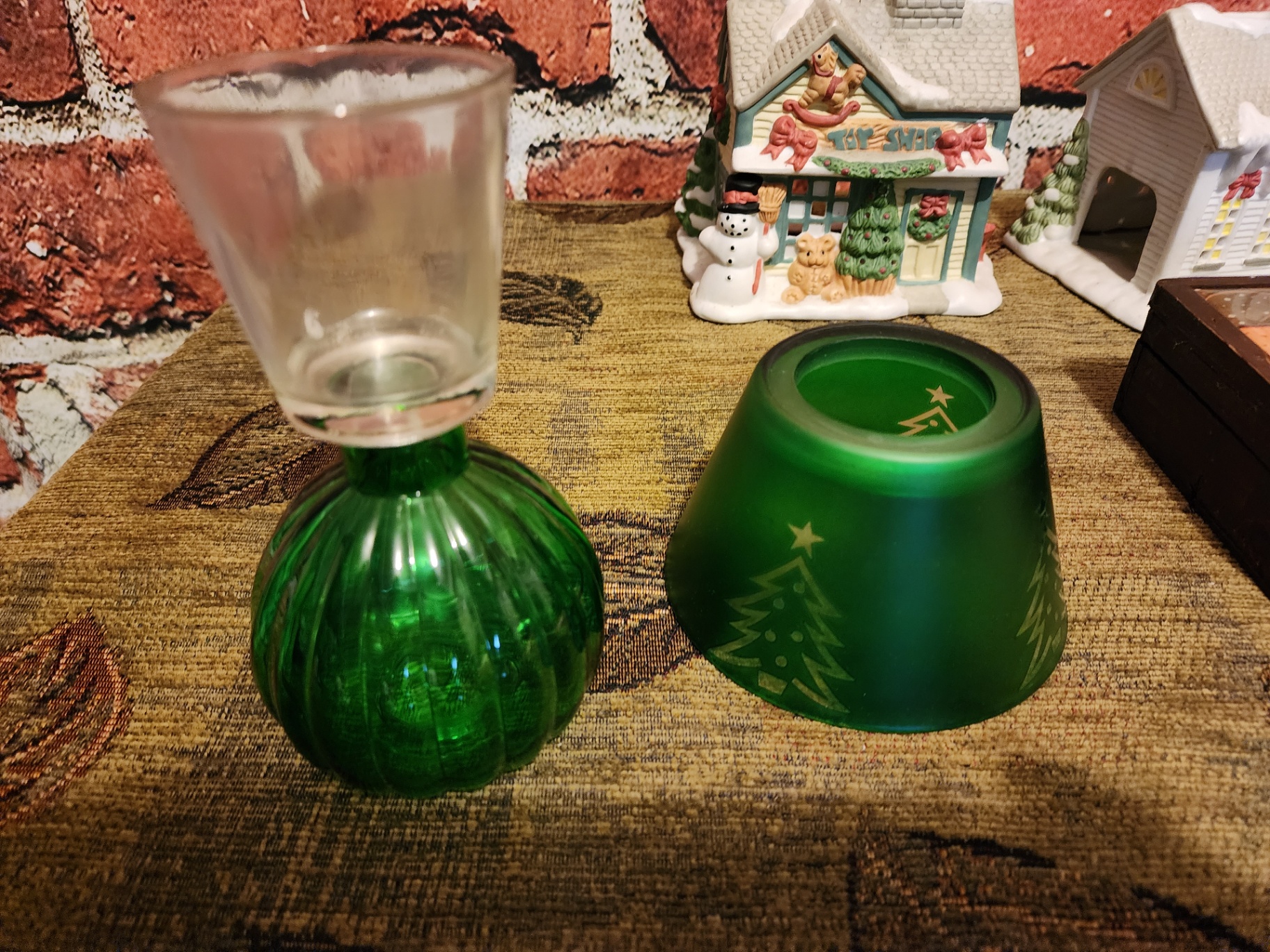 Ceramic Christmas village buildings with green glass lamp - image 6 of 20