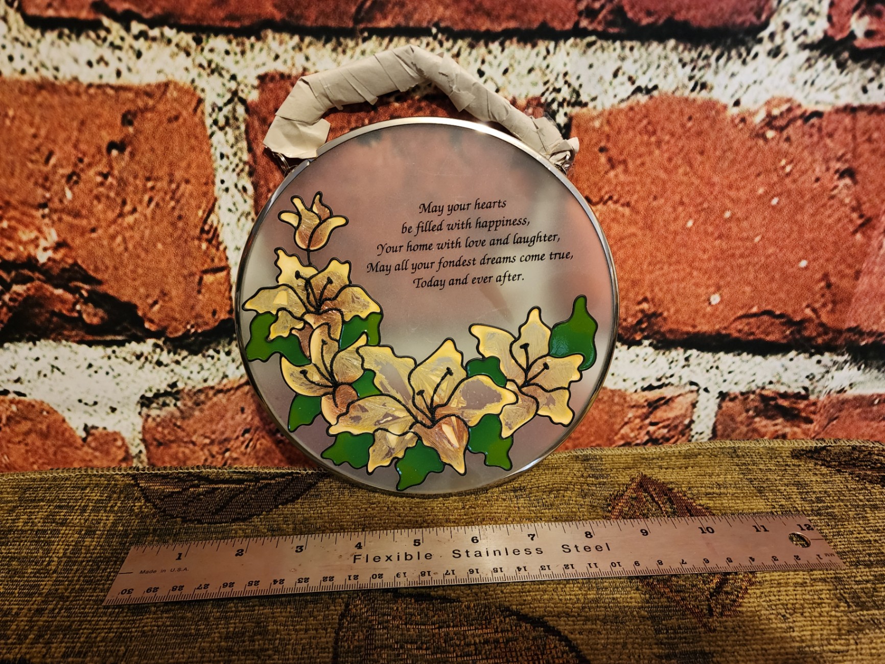 Round decorative glass and tin with floral motif and verse - image 6 of 6