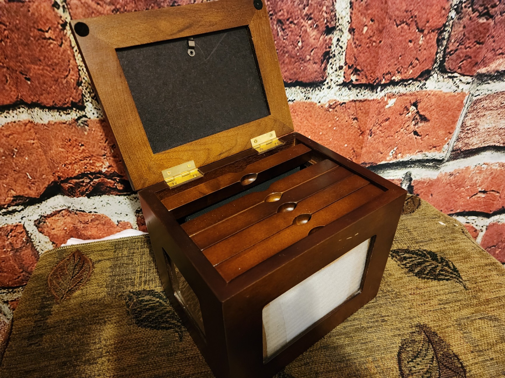 Vintage wooden display box set with ring-slot lid and glass-front frame - image 2 of 8